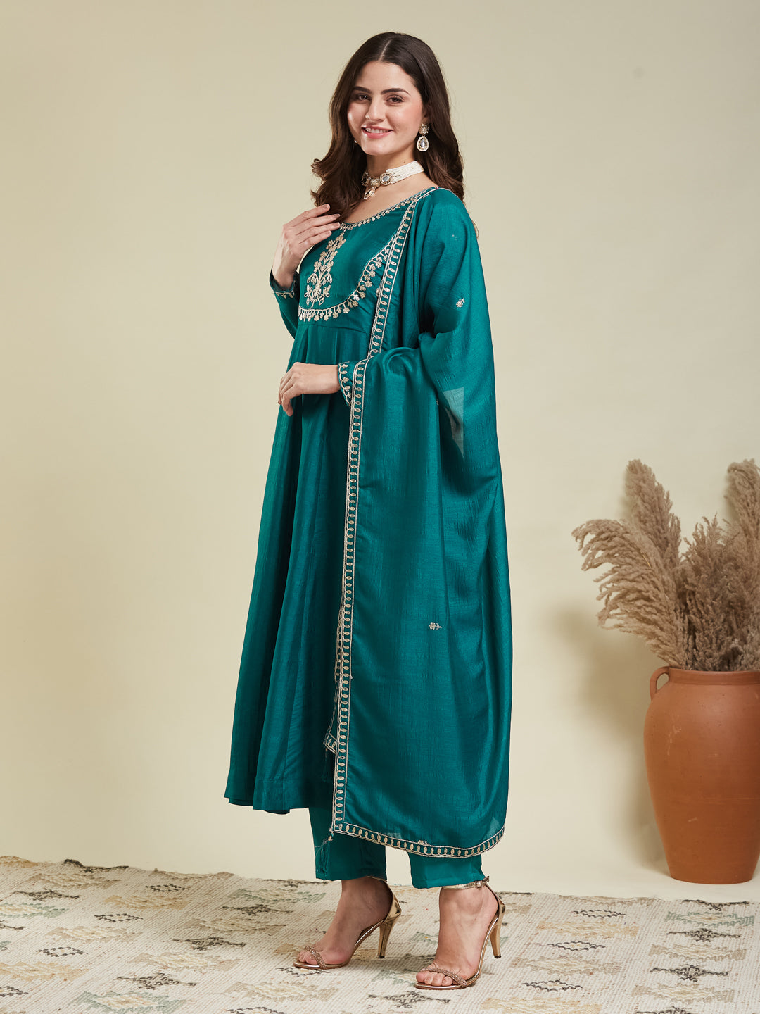 Rama Embroidered Silk Anarkali Kurta With Dupatta Set
