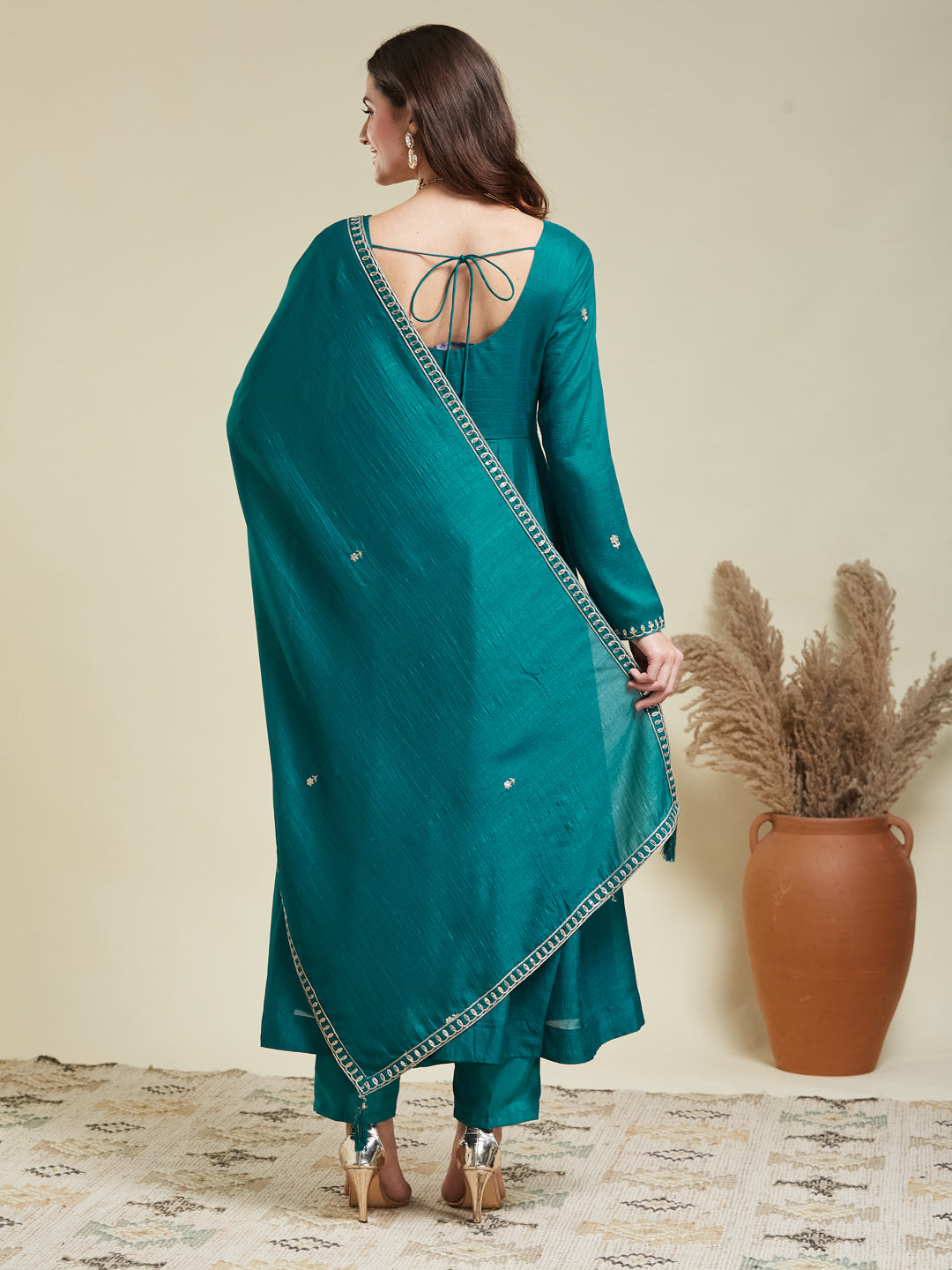 Rama Embroidered Silk Anarkali Kurta With Dupatta Set
