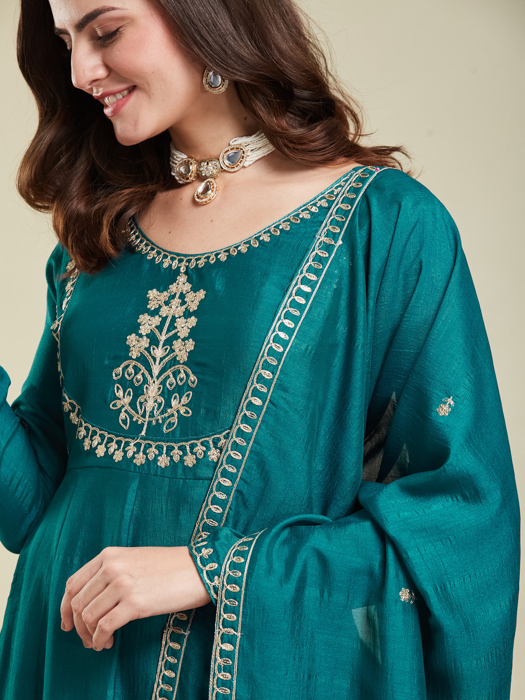 Rama Embroidered Silk Anarkali Kurta With Dupatta Set
