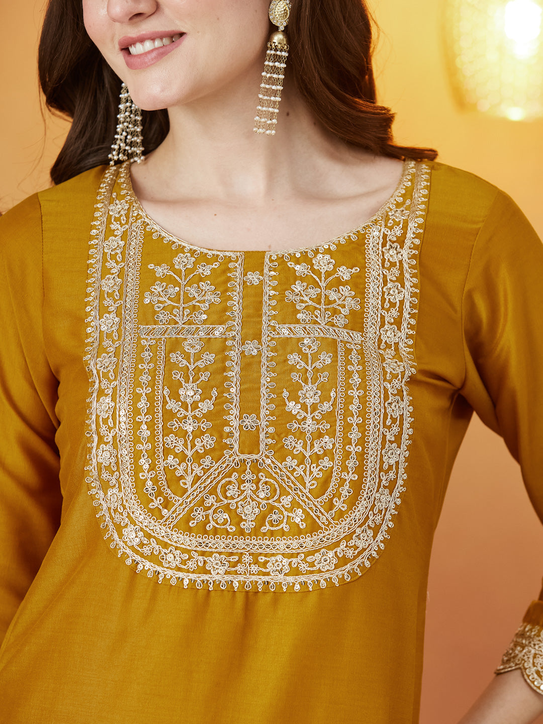 Mustard Embroidered Chinon kurta Set with Dupatta