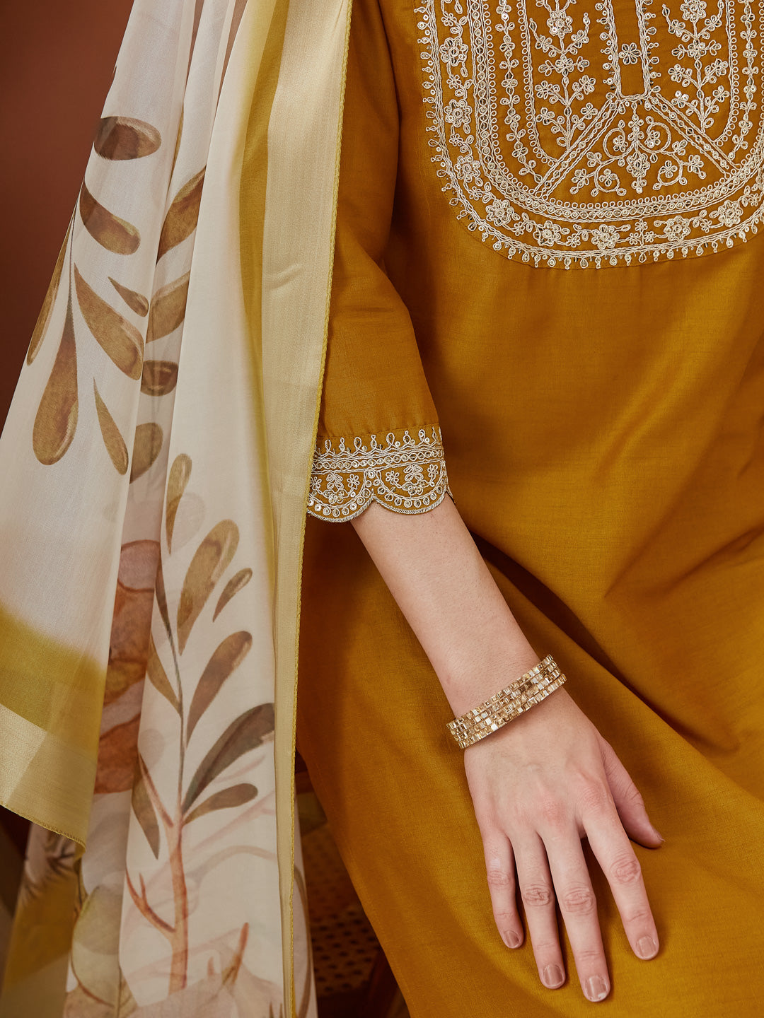 Mustard Embroidered Chinon kurta Set with Dupatta
