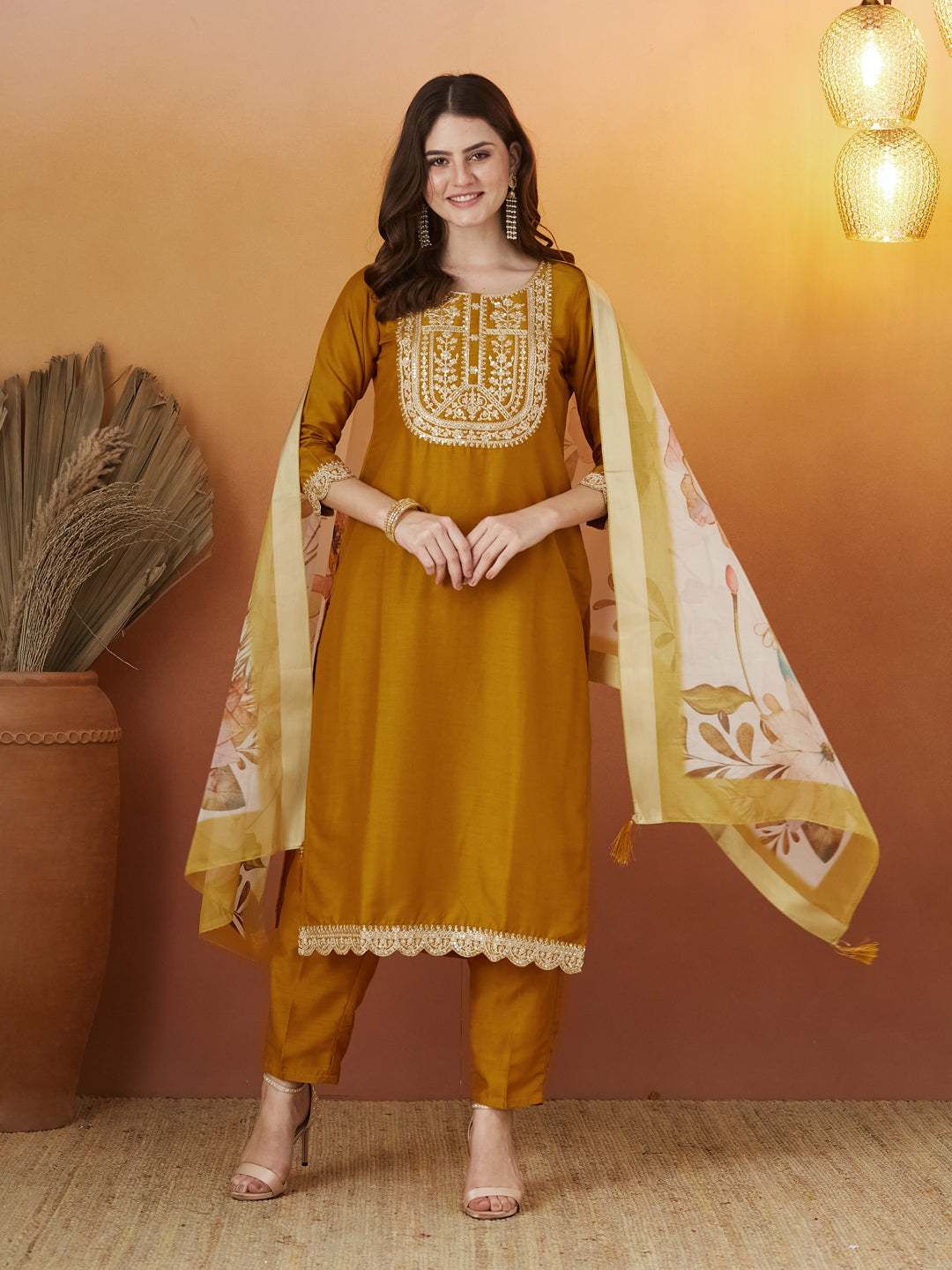 Mustard Embroidered Chinon kurta Set with Dupatta
