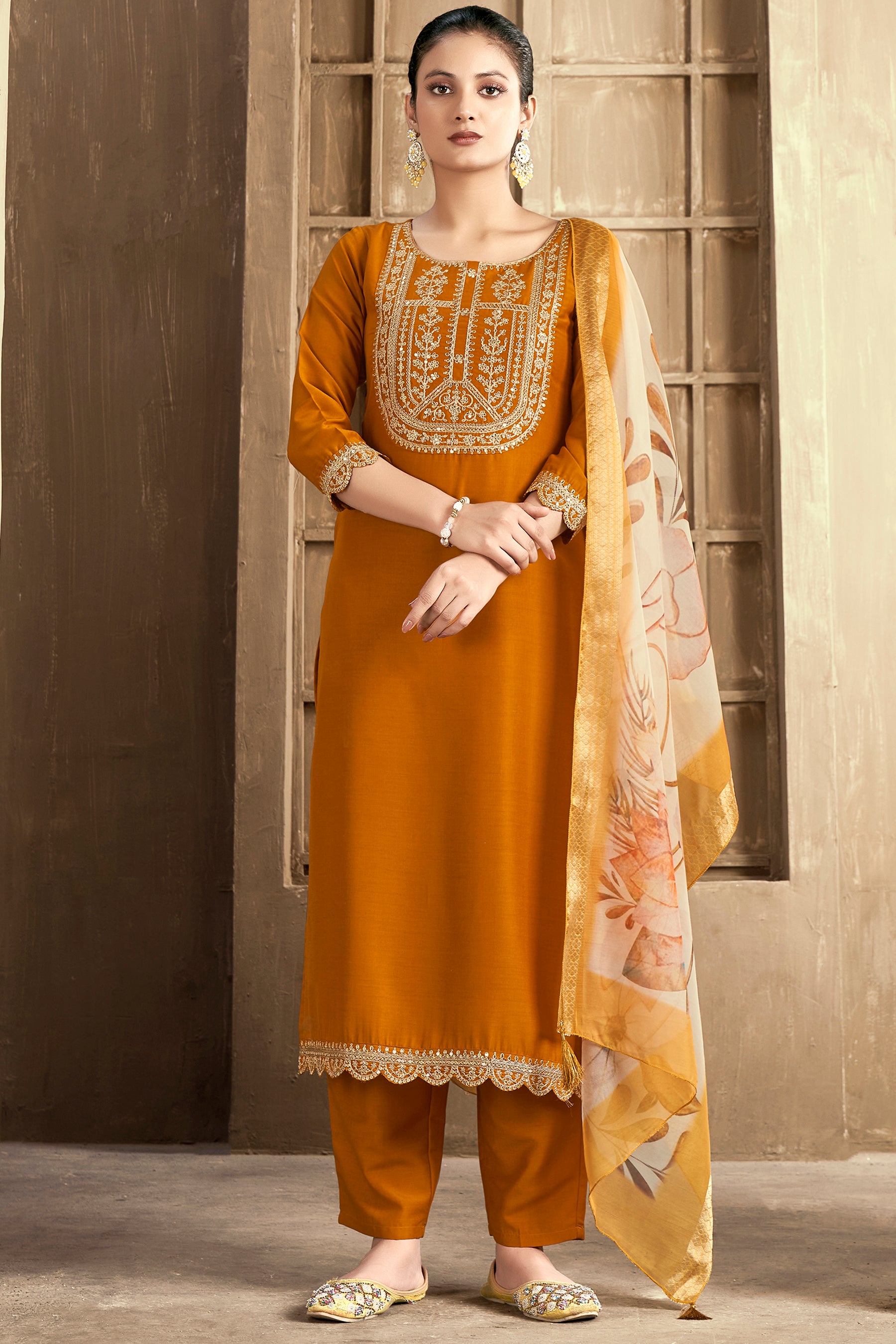 Mustard Embroidered Chinon Kurta Set With Dupatta Set