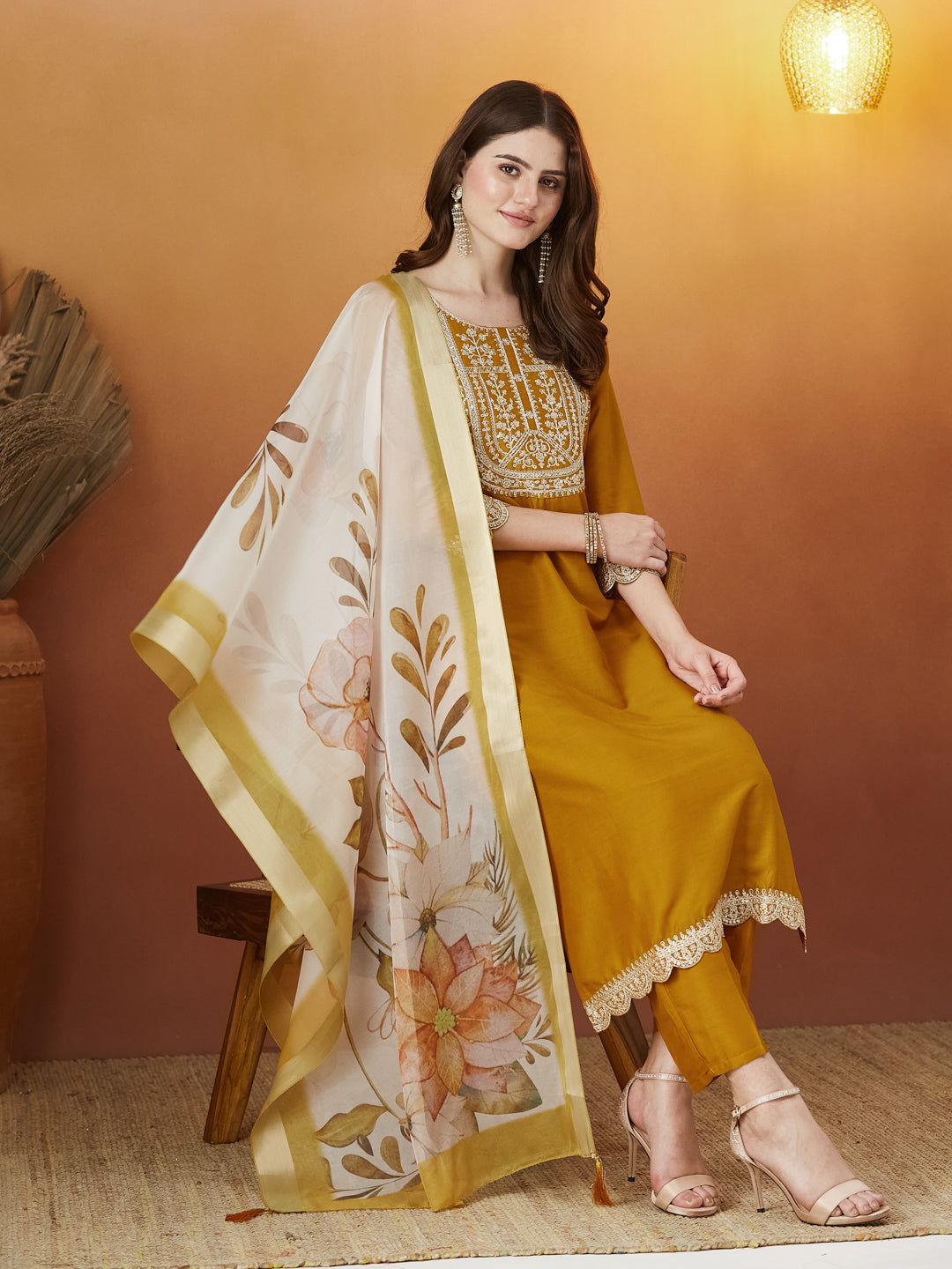 Mustard Embroidered Chinon kurta Set with Dupatta
