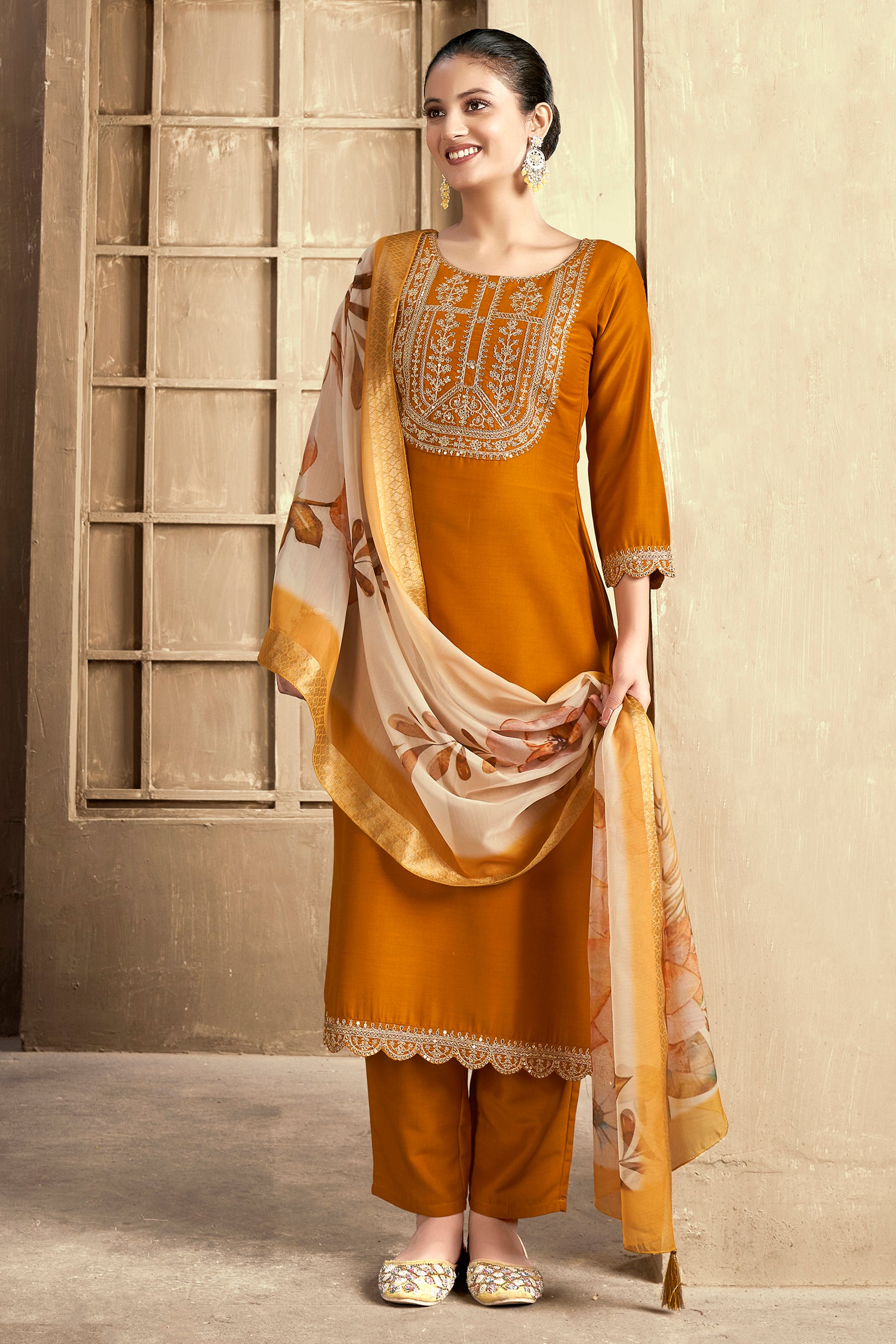 Mustard Embroidered Chinon Kurta Set With Dupatta Set