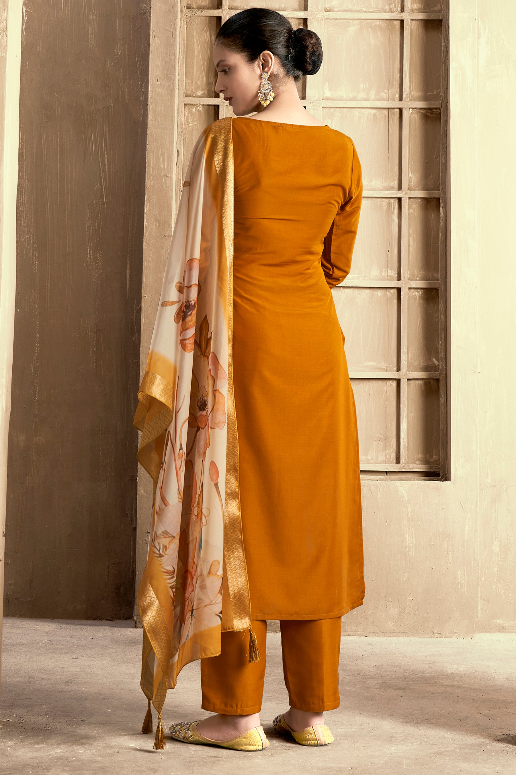 Mustard Embroidered Chinon Kurta Set With Dupatta Set