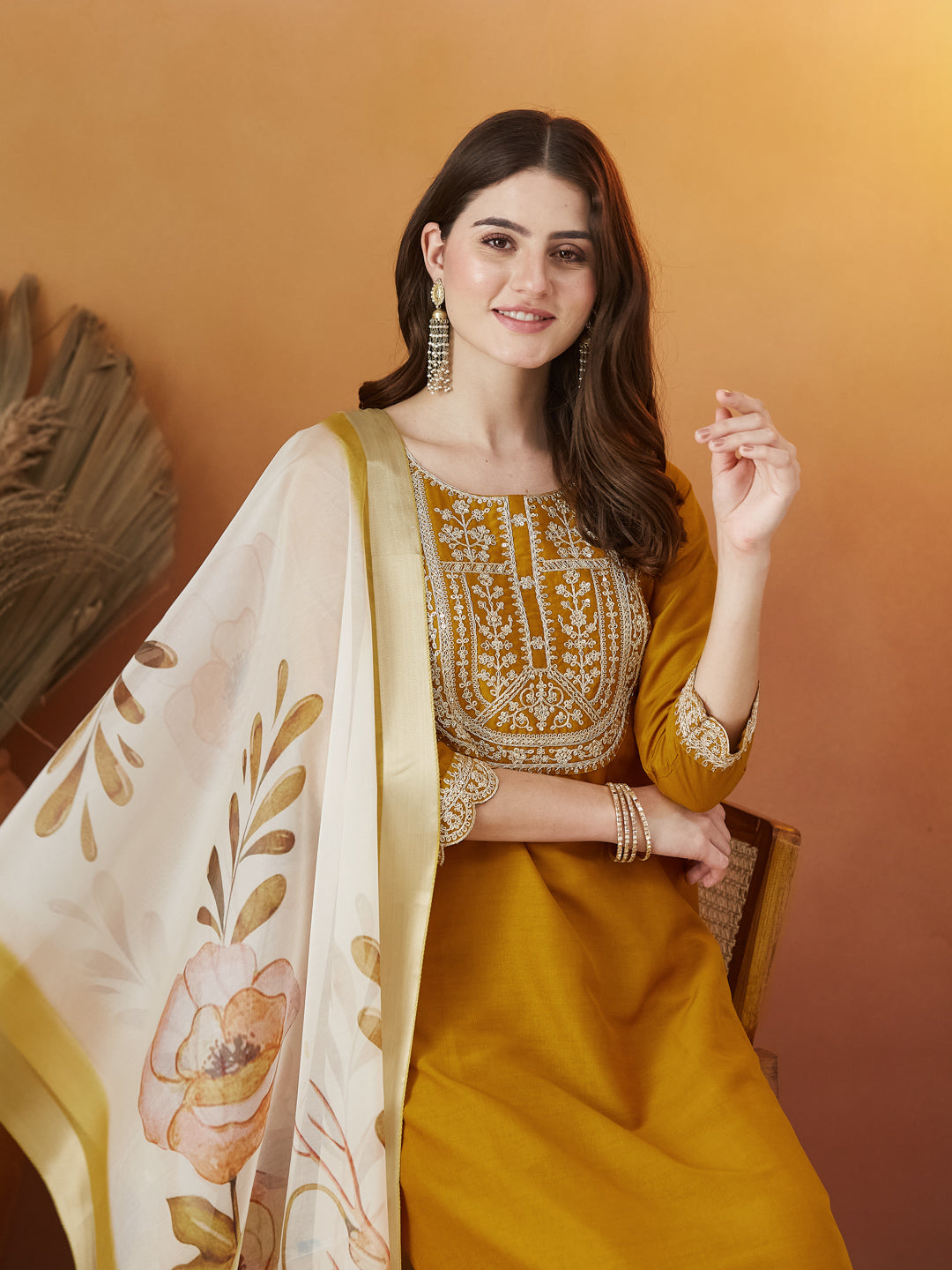 Mustard Embroidered Chinon kurta Set with Dupatta