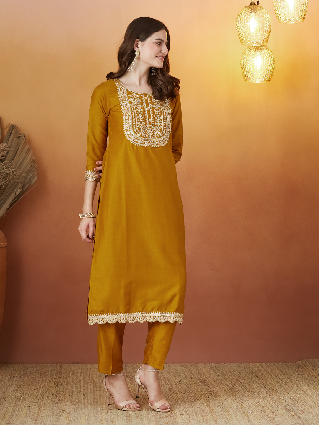 Mustard Embroidered Chinon kurta Set with Dupatta