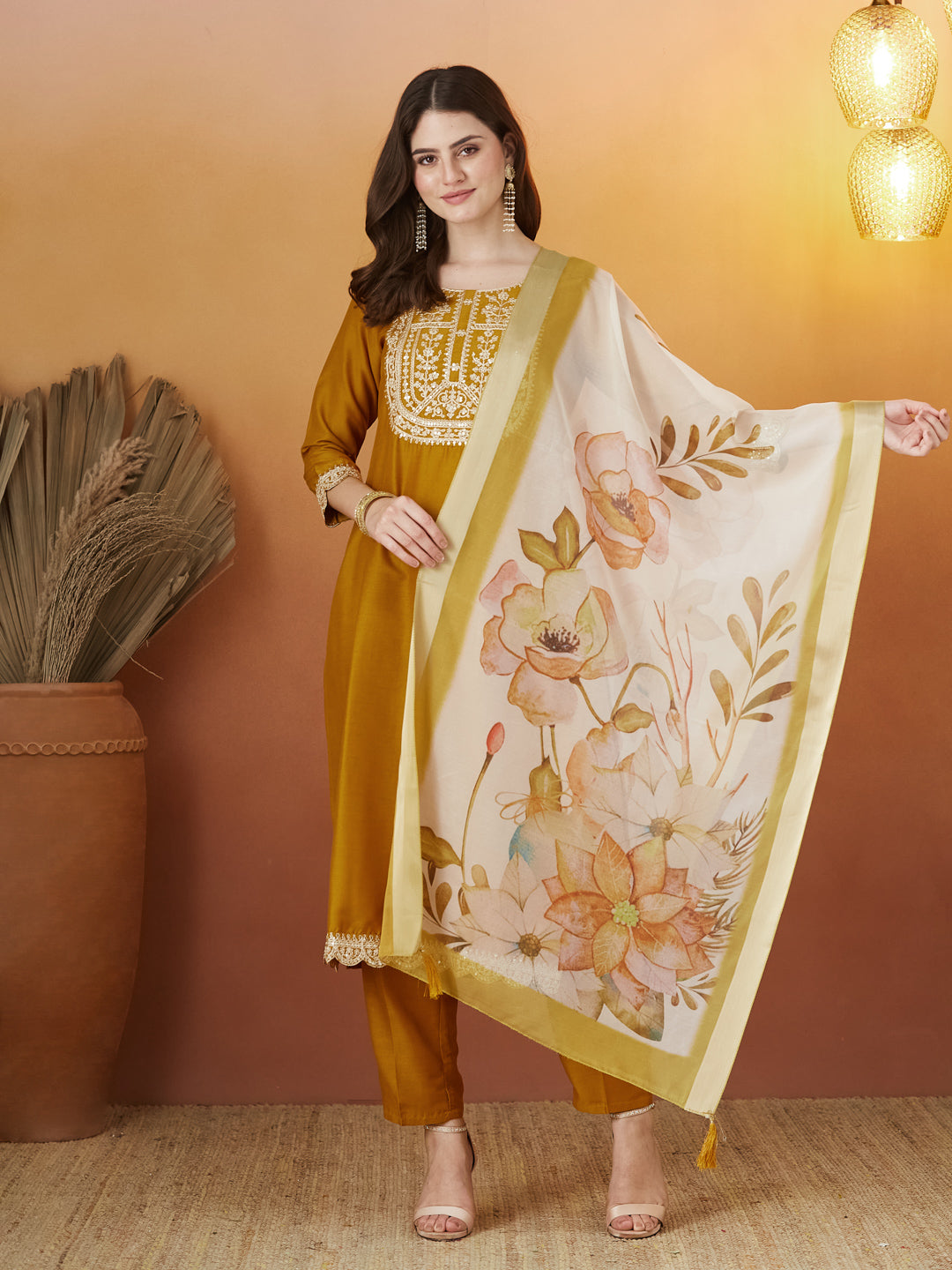 Mustard Embroidered Chinon kurta Set with Dupatta
