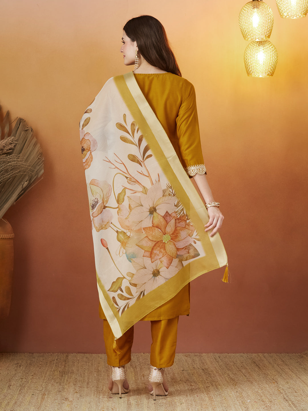 Mustard Embroidered Chinon kurta Set with Dupatta
