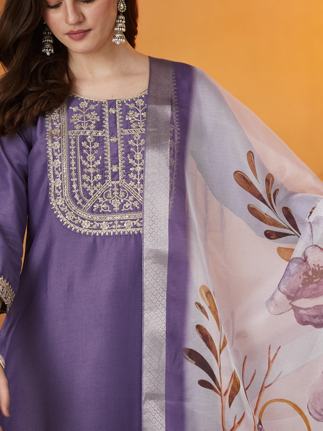 Purple Embroidered Chinon kurta Set with Dupatta