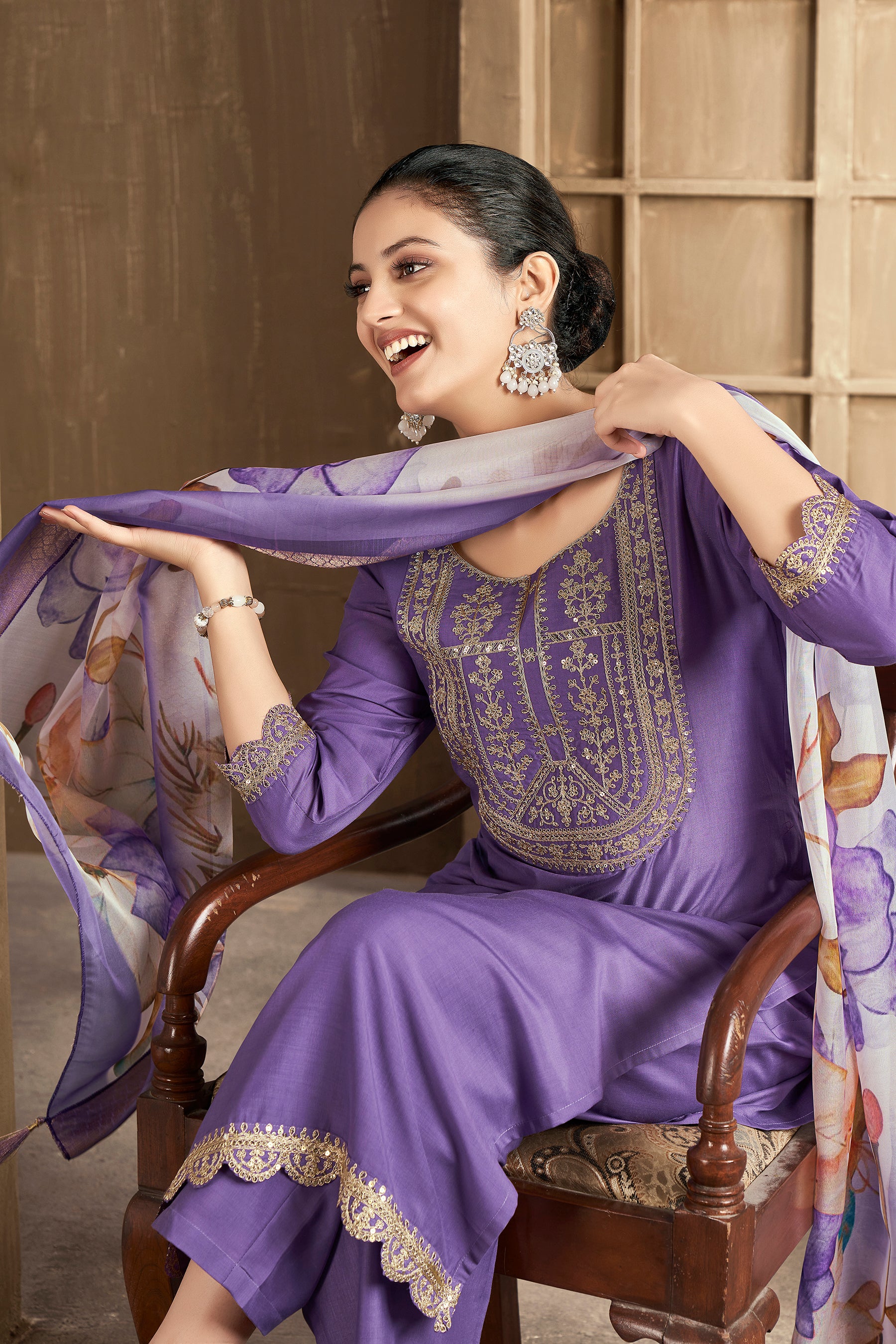 Purple Embroidered Chinon Kurta Set With Dupatta Set