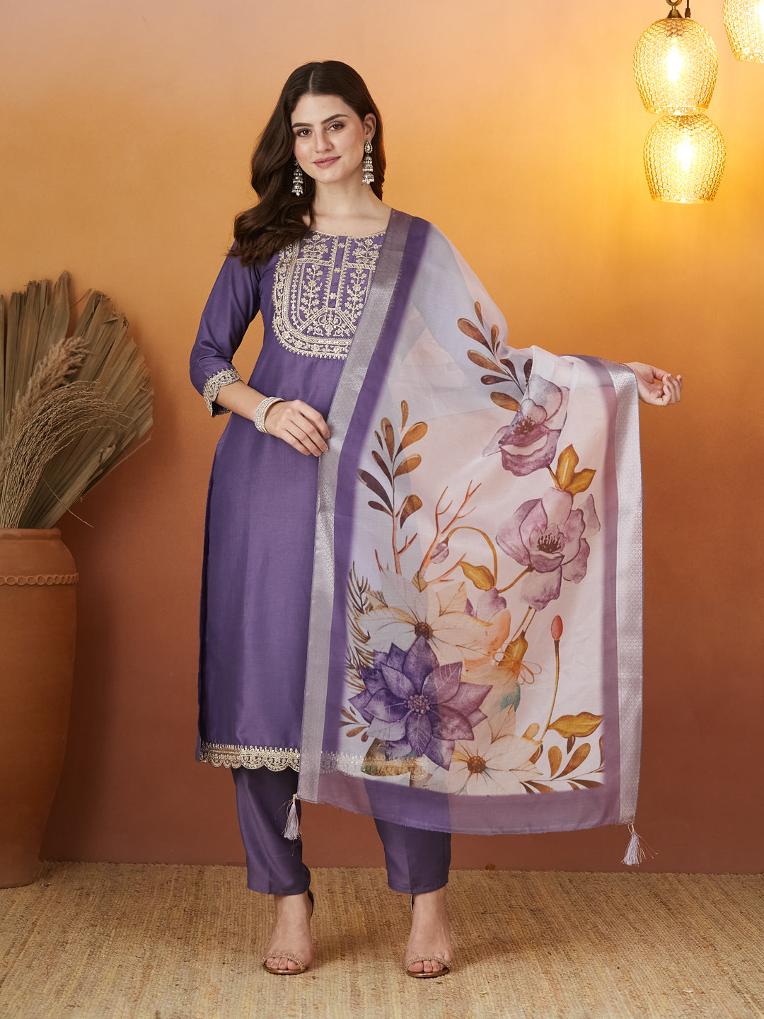 Purple Embroidered Chinon kurta Set with Dupatta