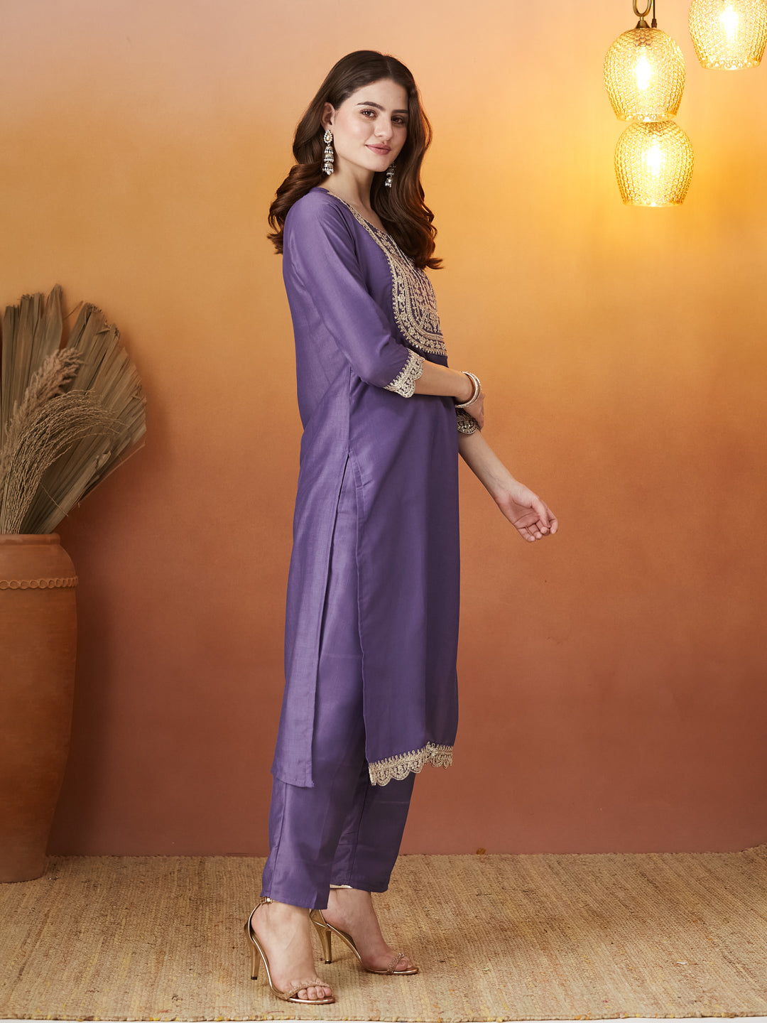 Purple Embroidered Chinon kurta Set with Dupatta