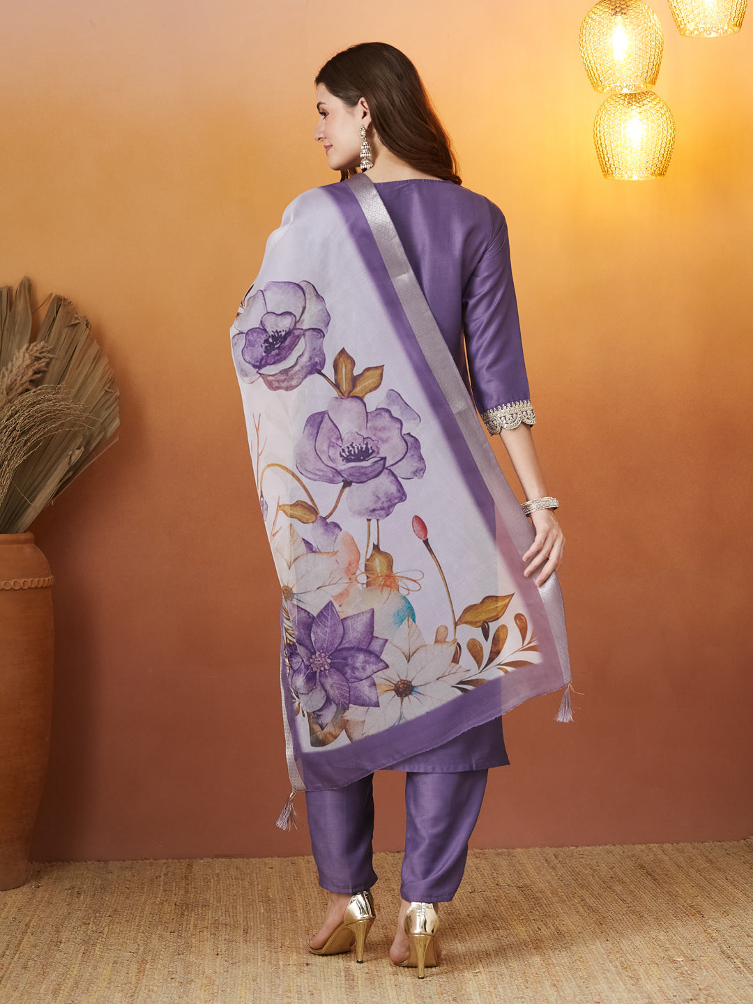 Purple Embroidered Chinon kurta Set with Dupatta