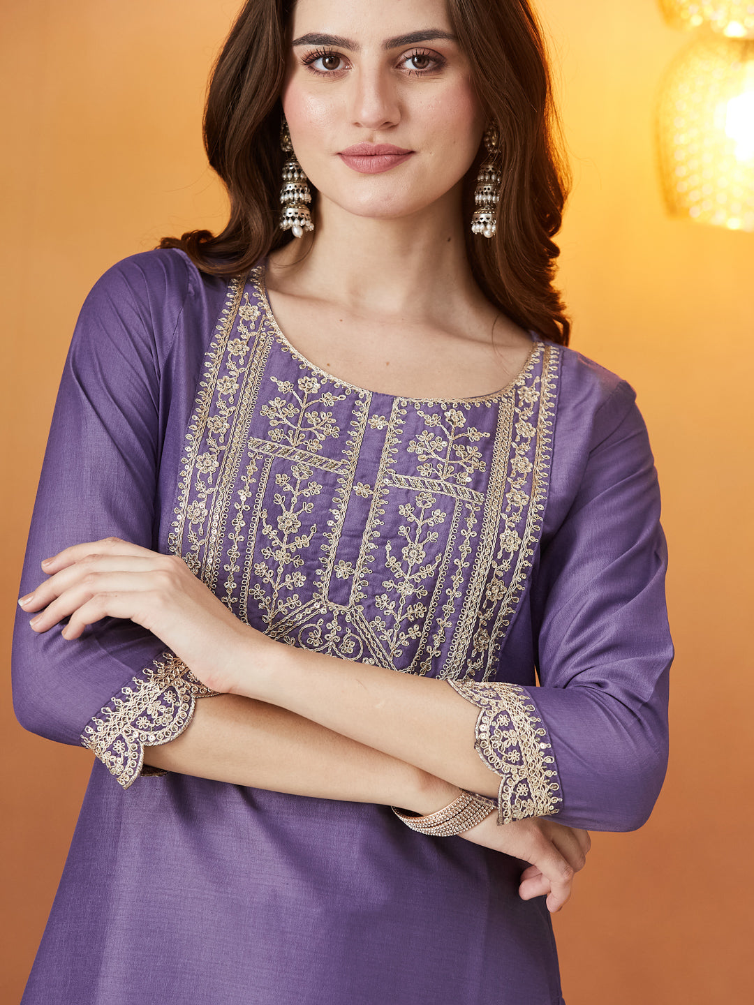 Purple Embroidered Chinon kurta Set with Dupatta