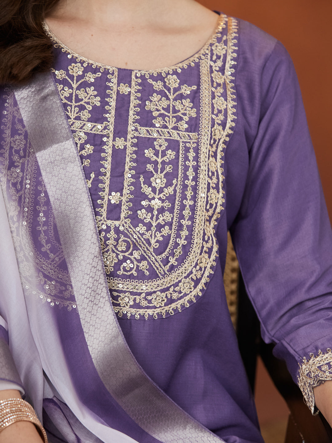 Purple Embroidered Chinon kurta Set with Dupatta
