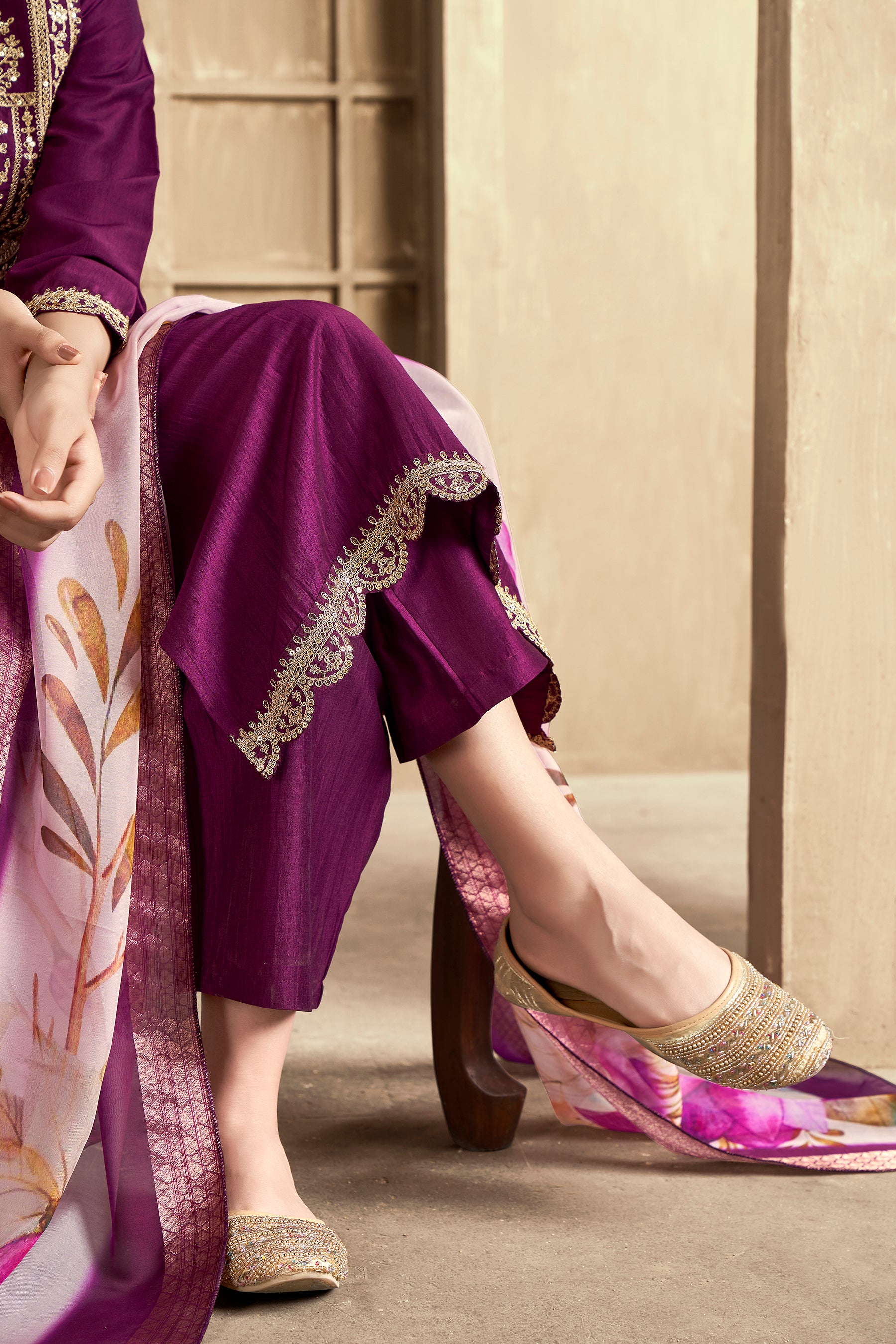 Wine Embroidered Chinon Kurta Set With Dupatta Set