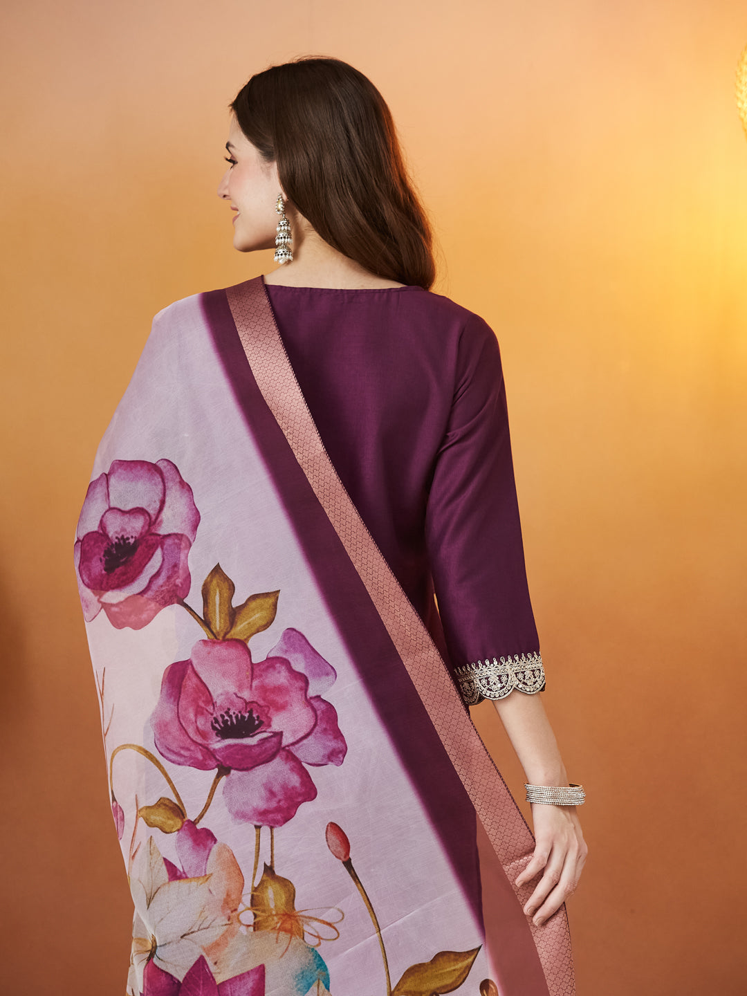 Wine Embroidered Chinon kurta Set with Dupatta