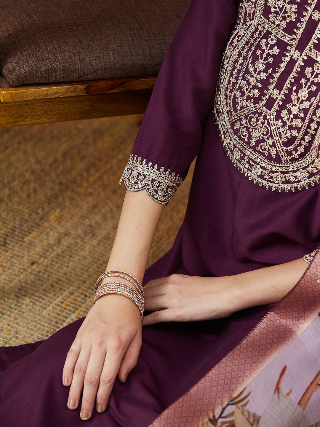 Wine Embroidered Chinon kurta Set with Dupatta
