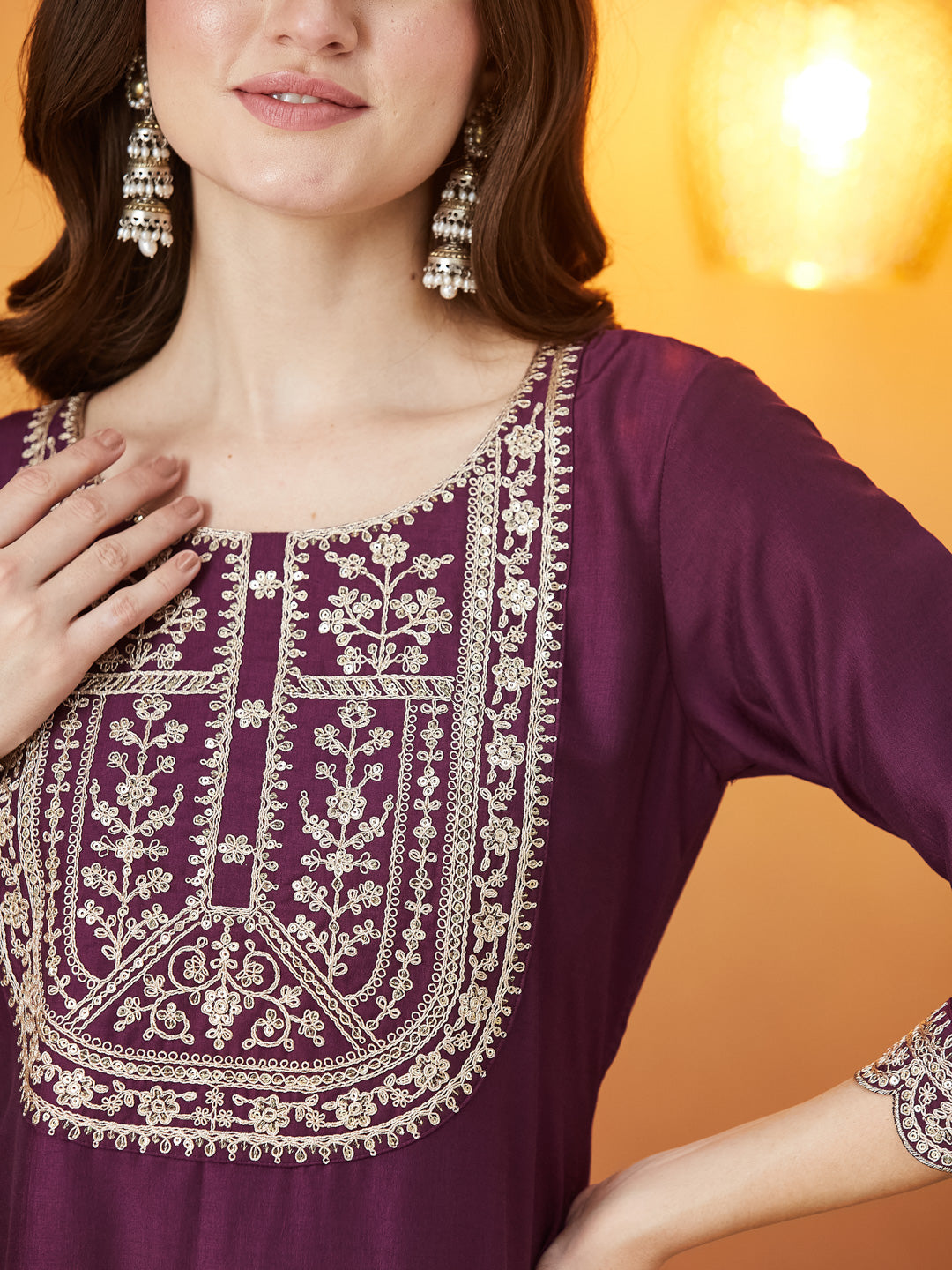 Wine Embroidered Chinon kurta Set with Dupatta