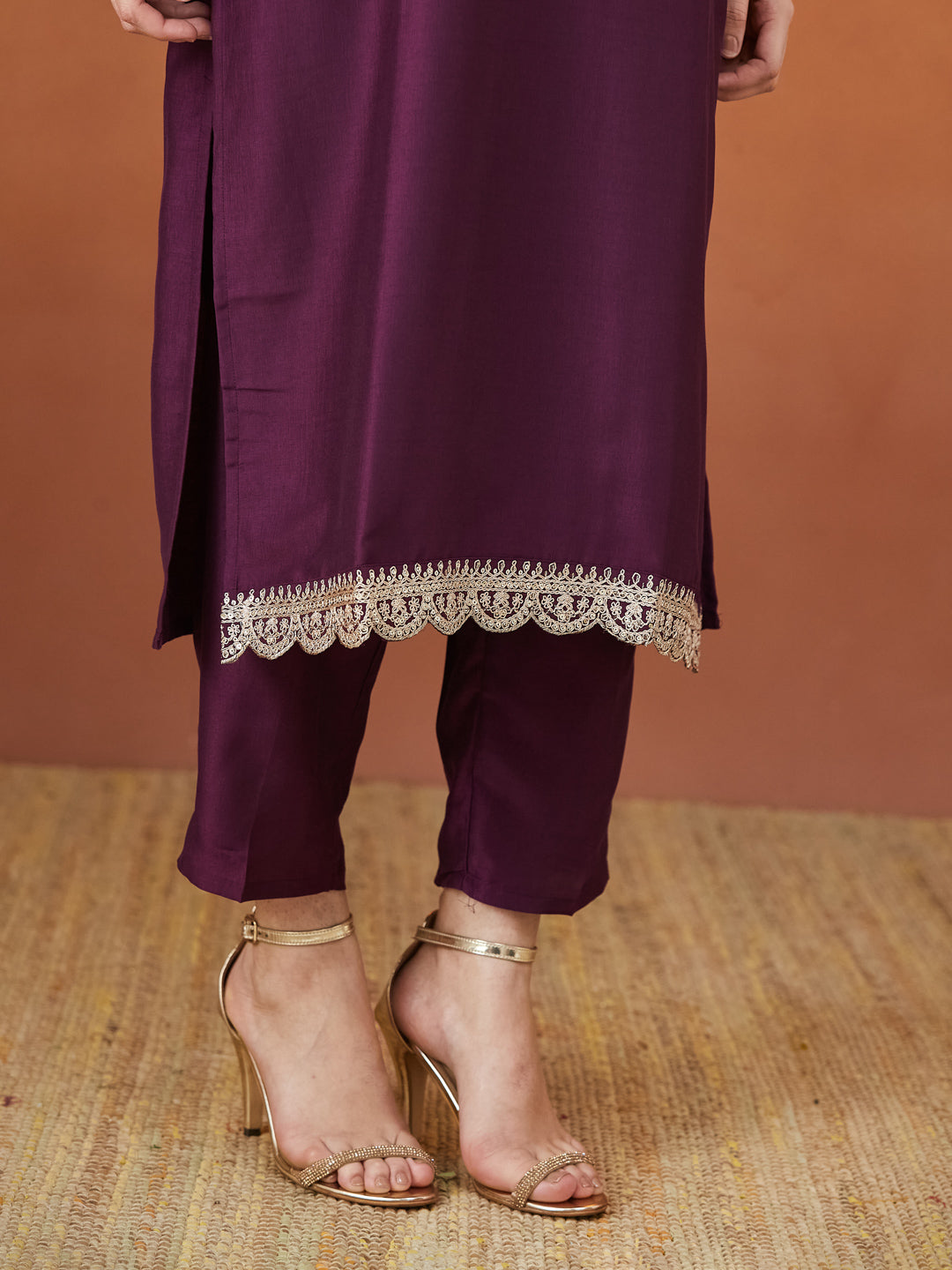 Wine Embroidered Chinon kurta Set with Dupatta