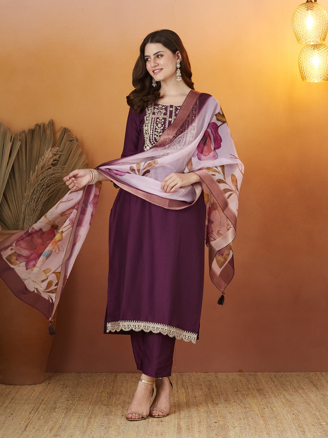 Wine Embroidered Chinon kurta Set with Dupatta