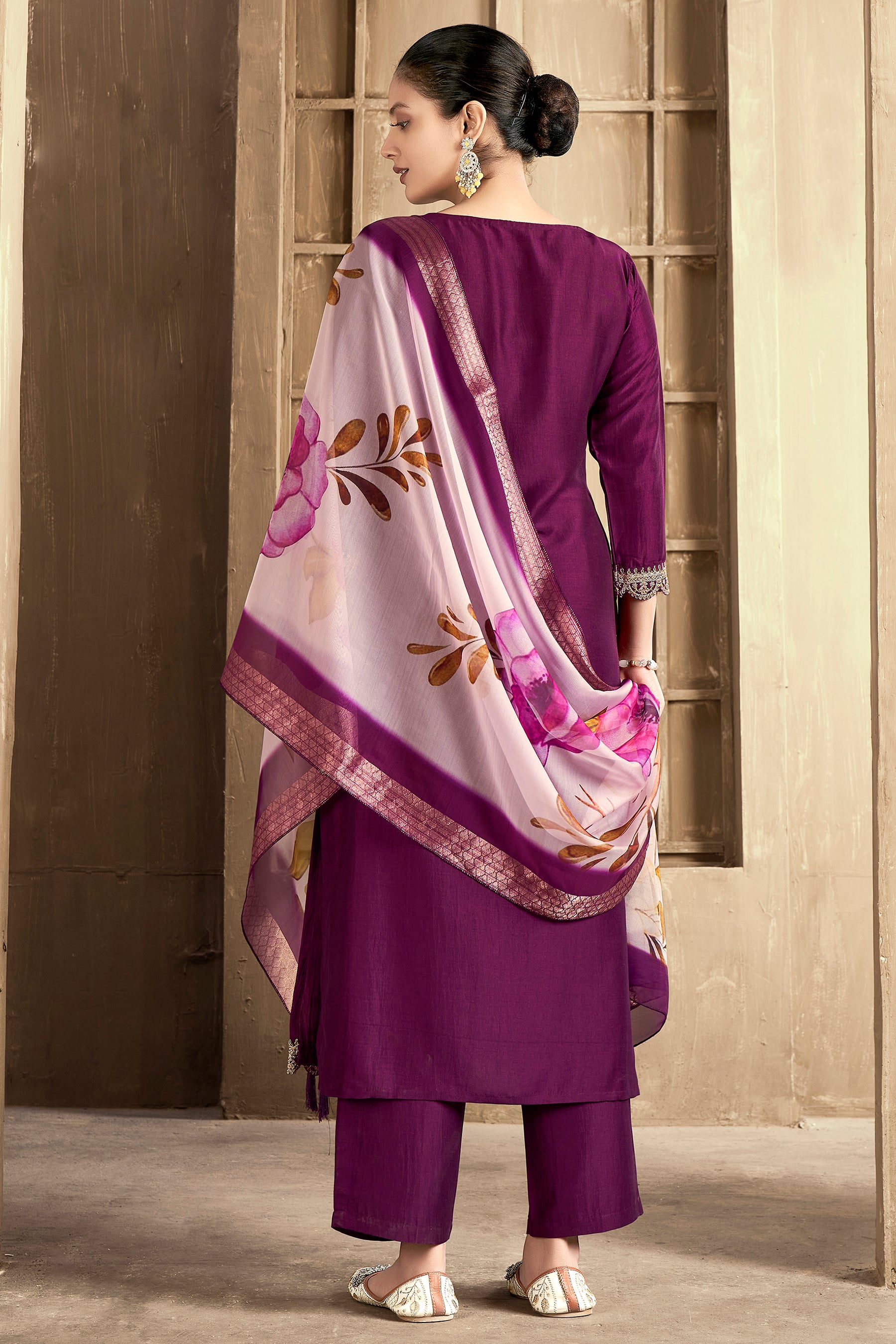 Wine Embroidered Chinon Kurta Set With Dupatta Set