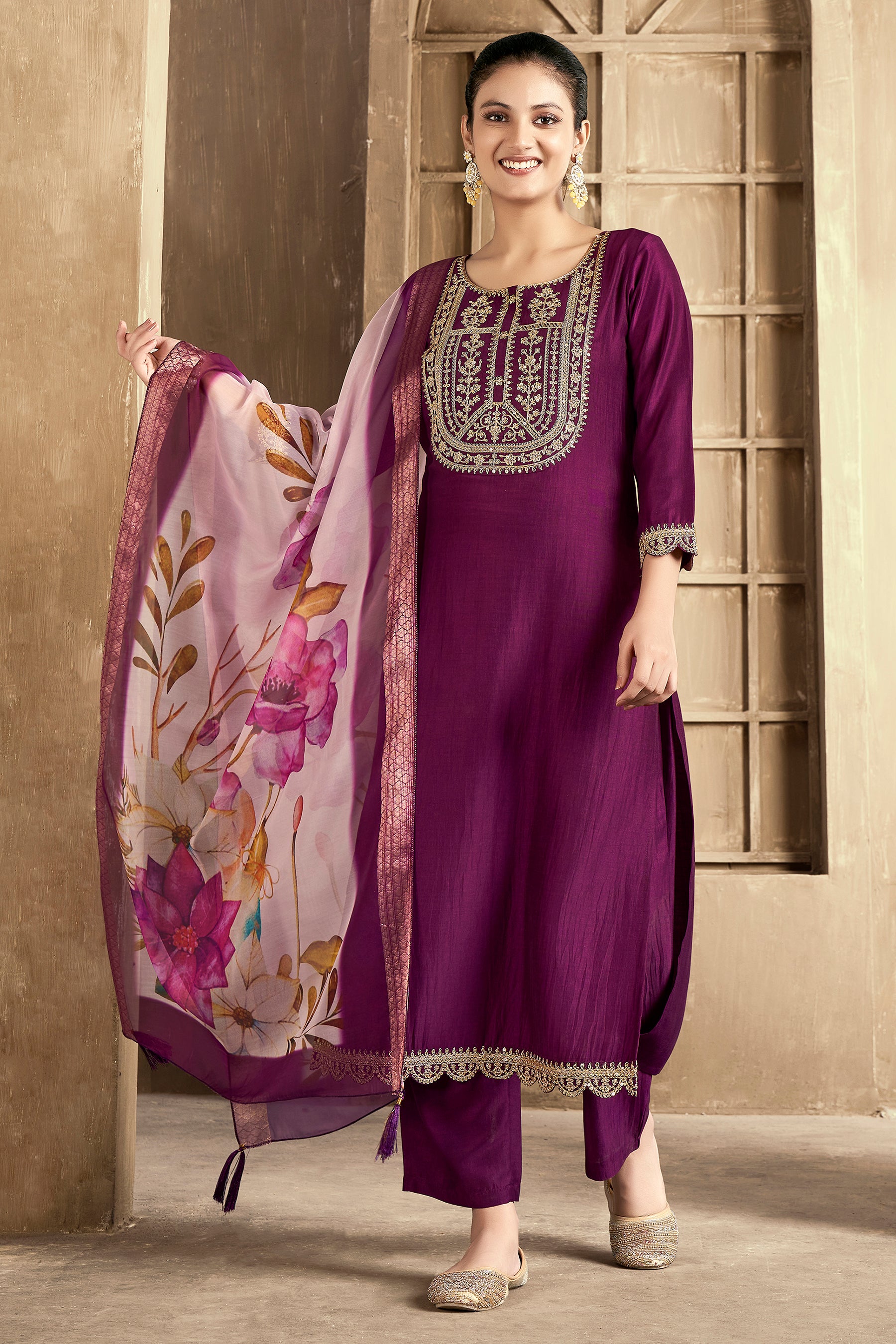 Wine Embroidered Chinon Kurta Set With Dupatta Set