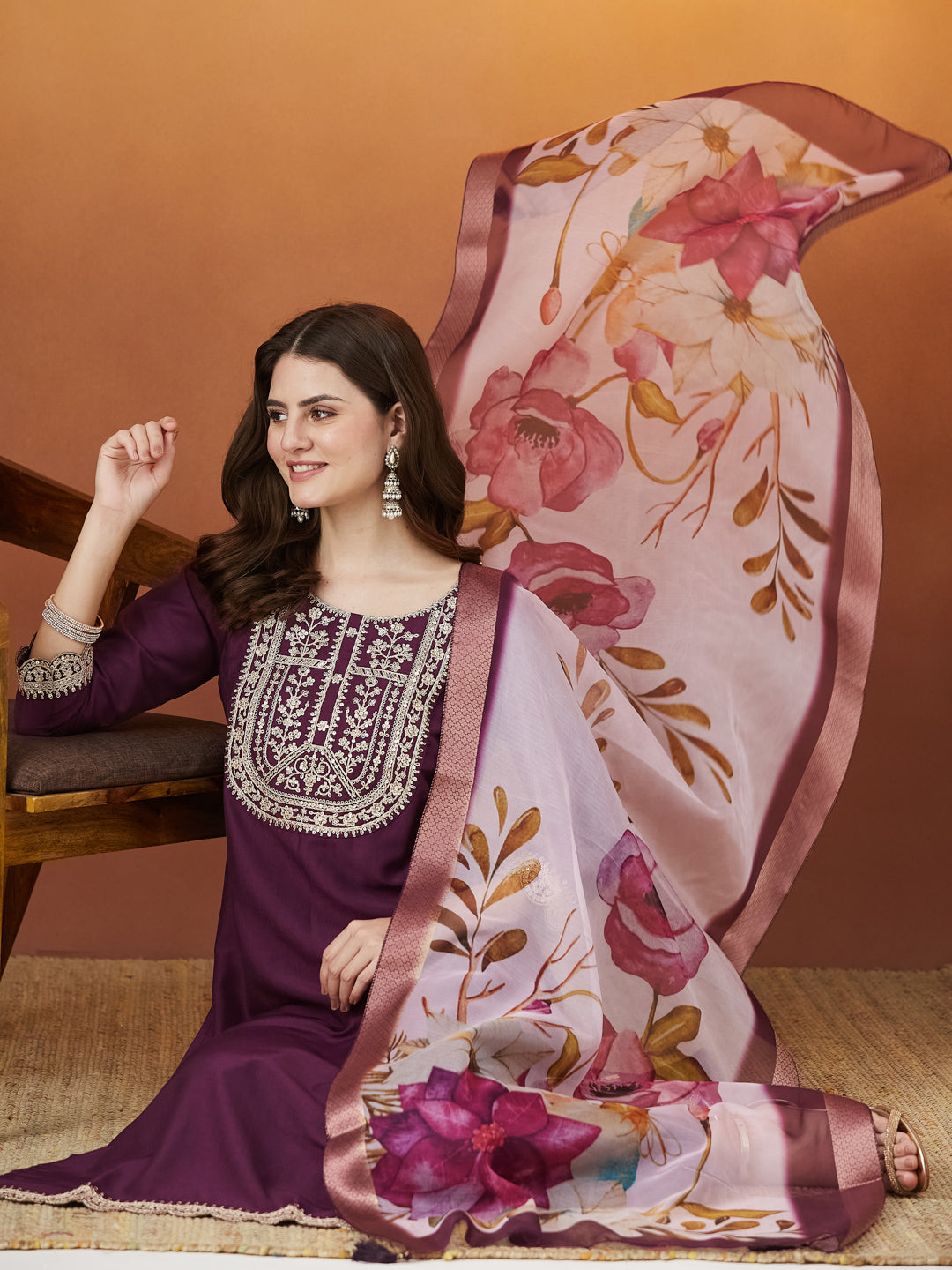 Wine Embroidered Chinon kurta Set with Dupatta