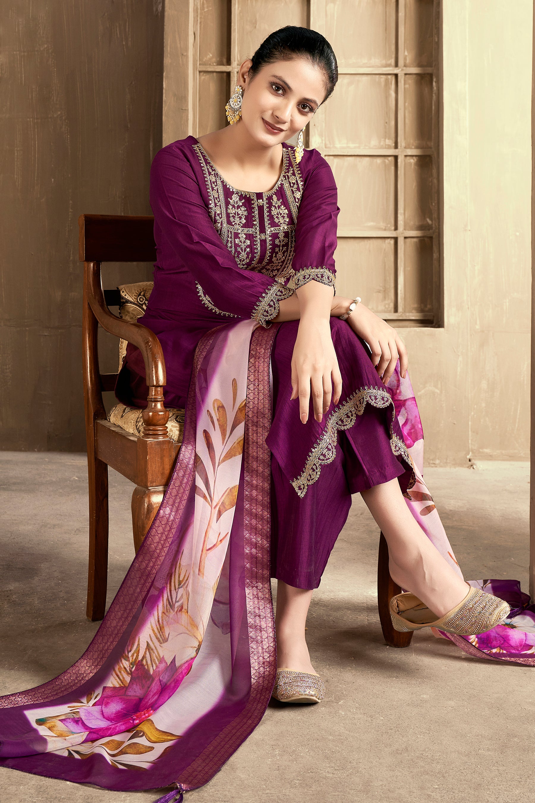 Wine Embroidered Chinon Kurta Set With Dupatta Set