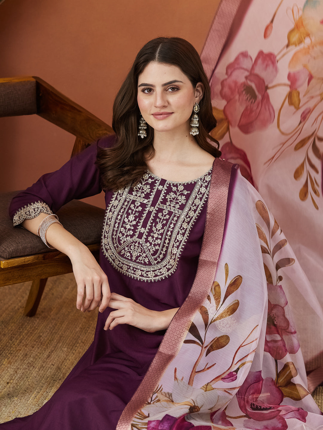 Wine Embroidered Chinon kurta Set with Dupatta