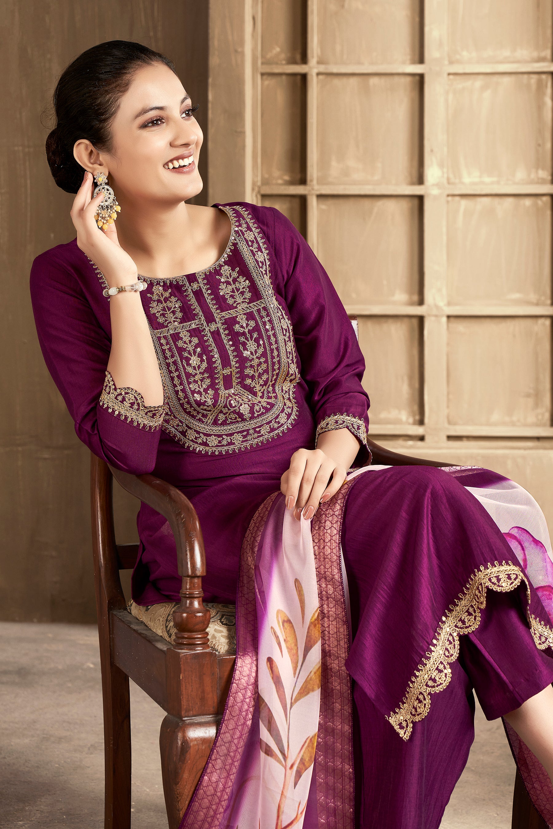 Wine Embroidered Chinon Kurta Set With Dupatta Set