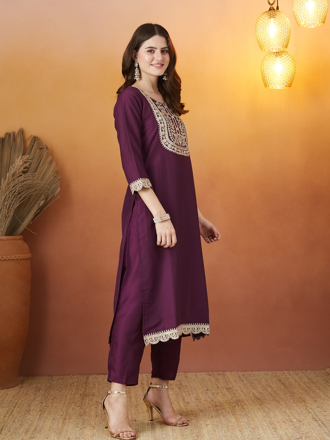 Wine Embroidered Chinon kurta Set with Dupatta