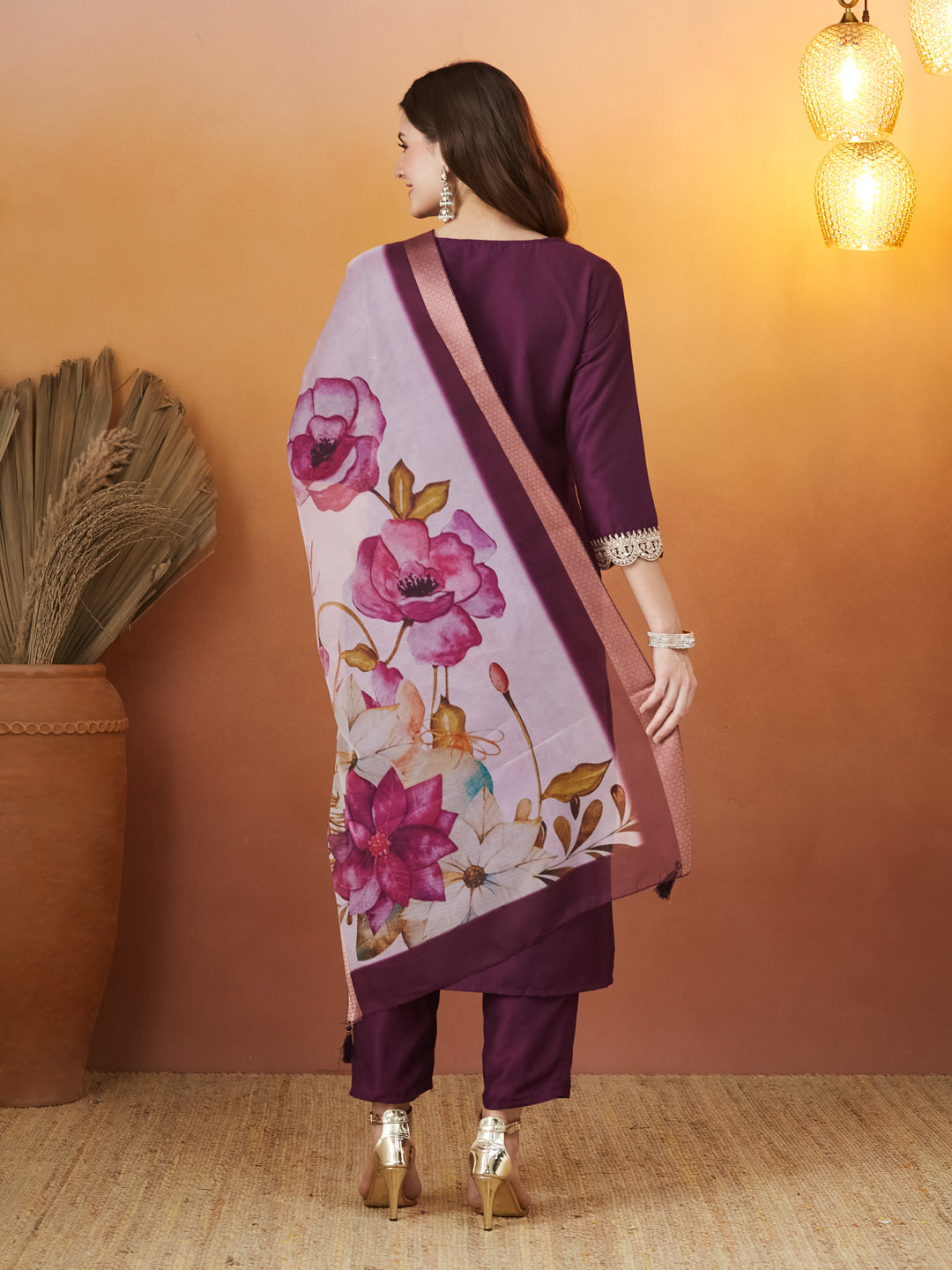 Wine Embroidered Chinon kurta Set with Dupatta