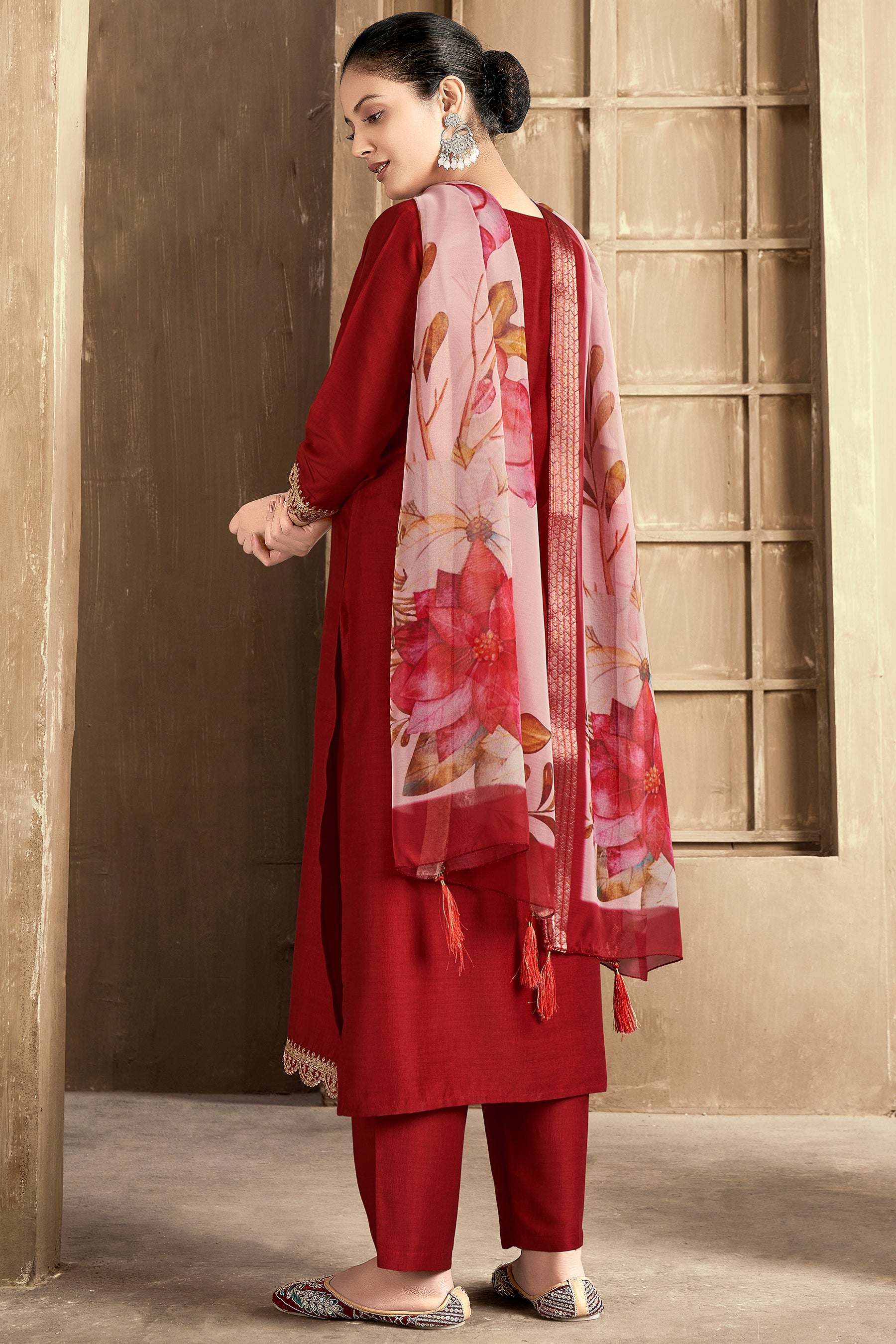 Rust Embroidered Chinon Kurta Set With Dupatta Set