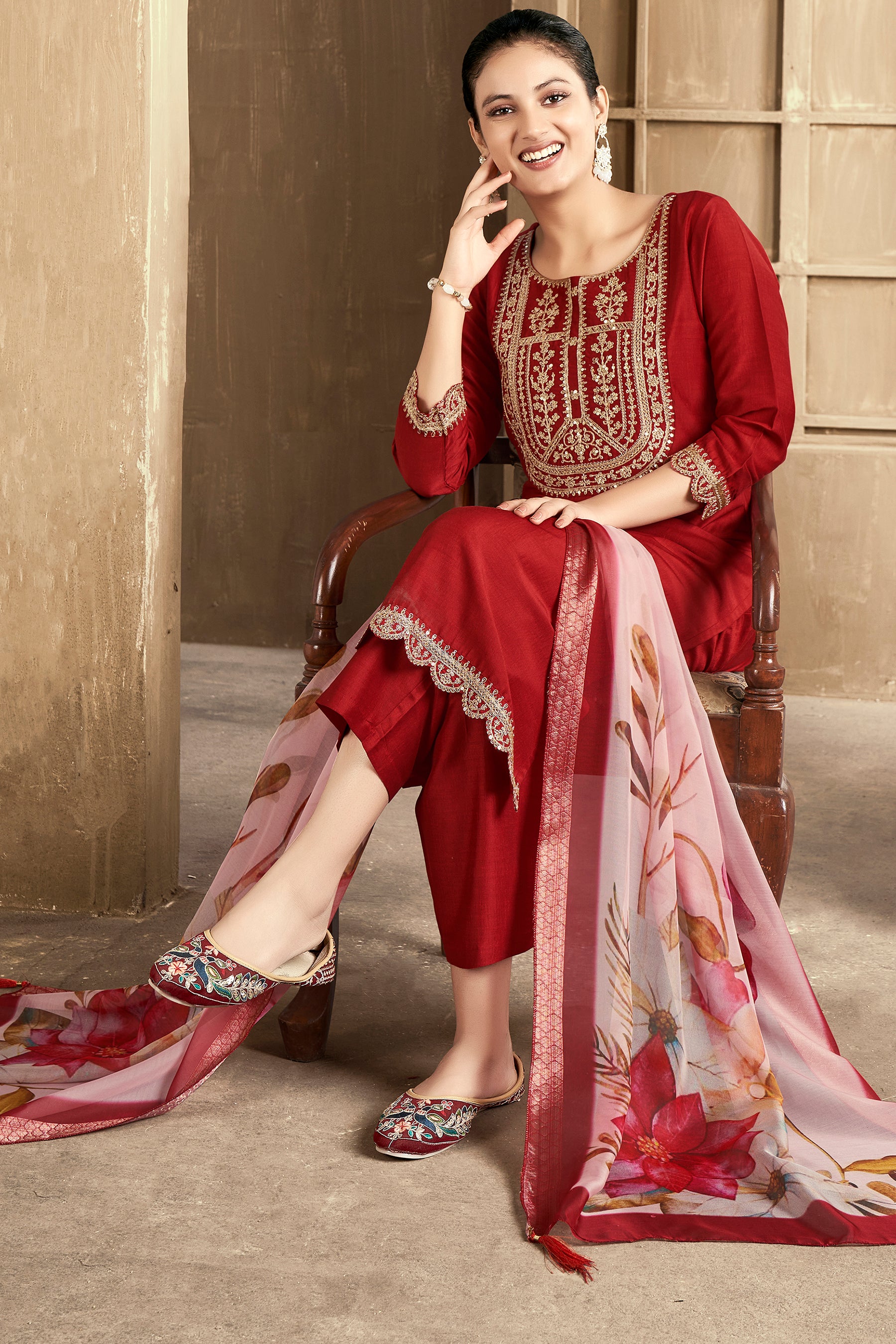 Rust Embroidered Chinon Kurta Set With Dupatta Set