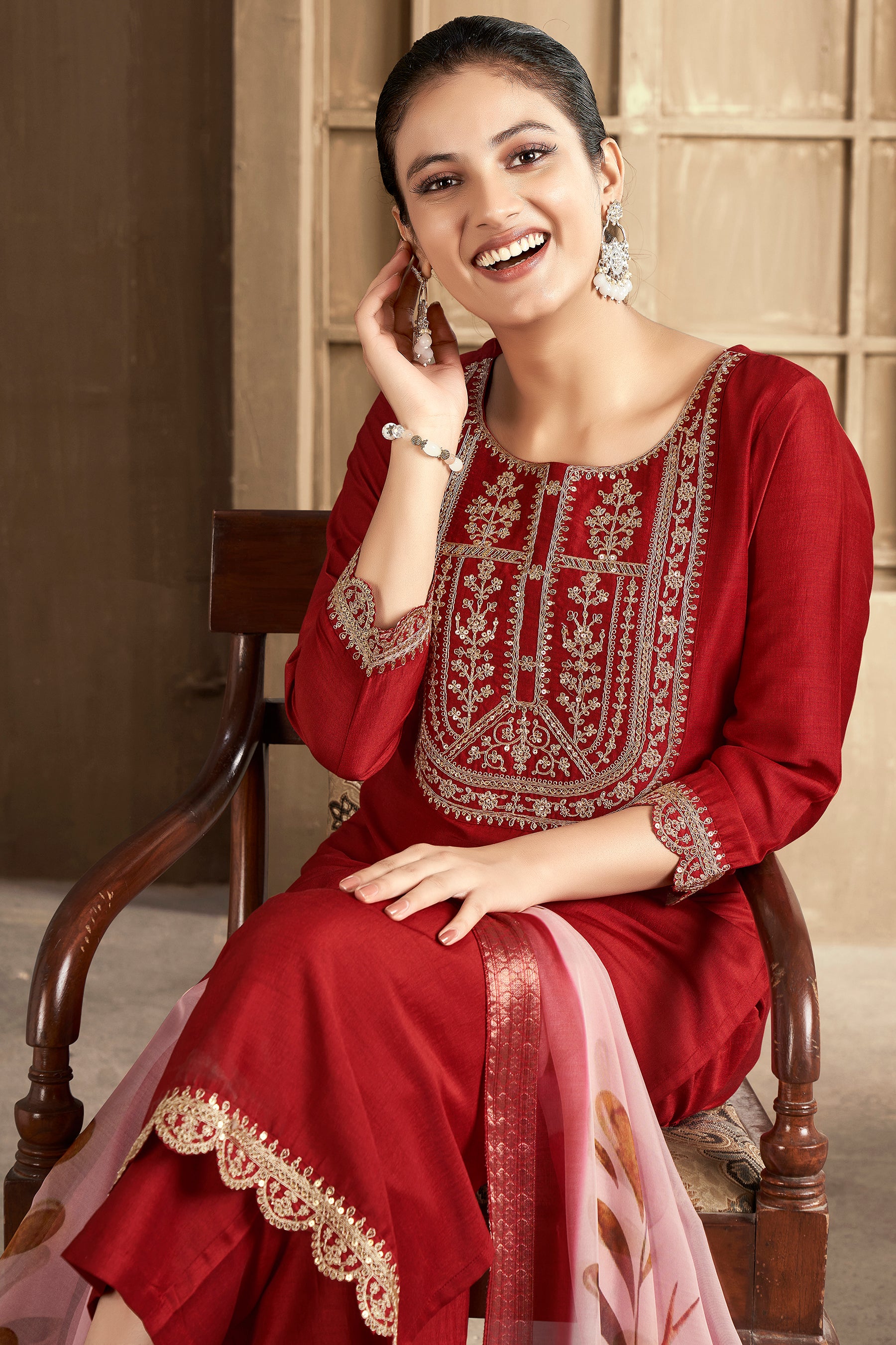 Rust Embroidered Chinon Kurta Set With Dupatta Set