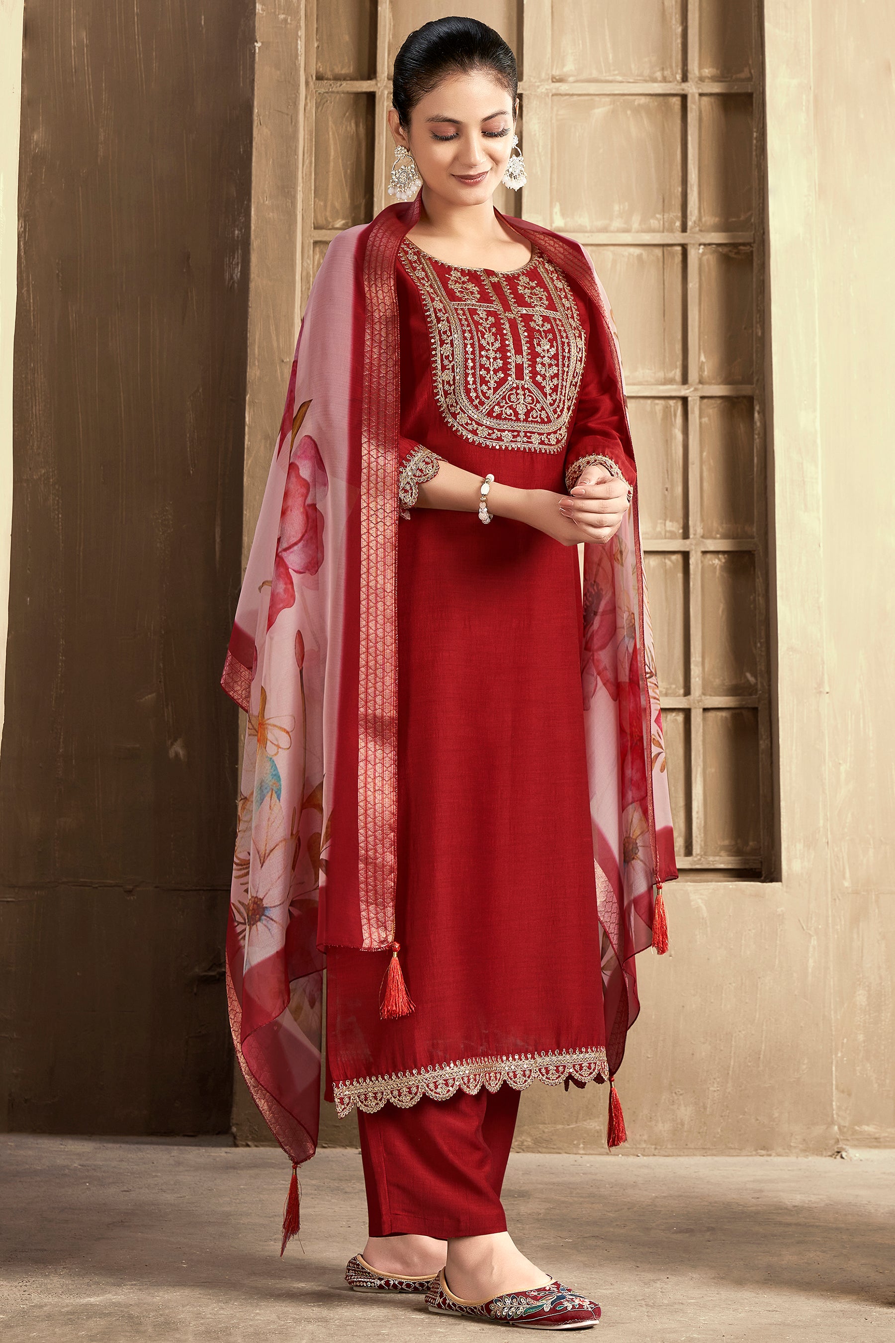 Rust Embroidered Chinon Kurta Set With Dupatta Set