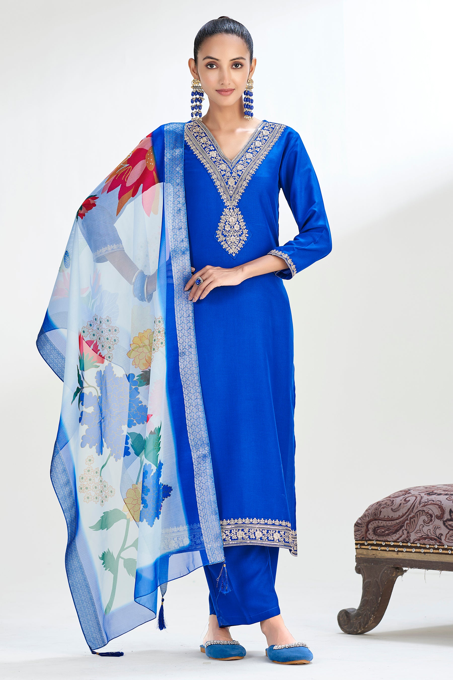 Royal Blue Chinon embroidered Straight kurta Set