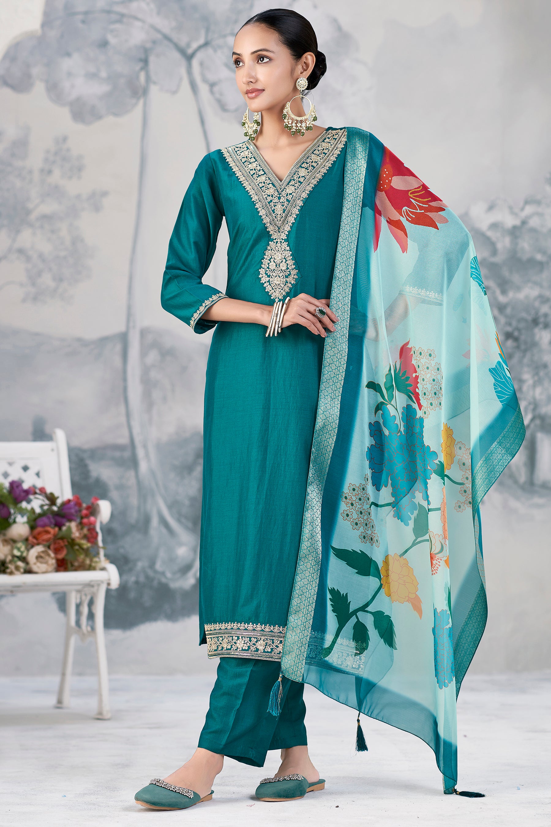Rama Chinon embroidered Straight kurta Set
