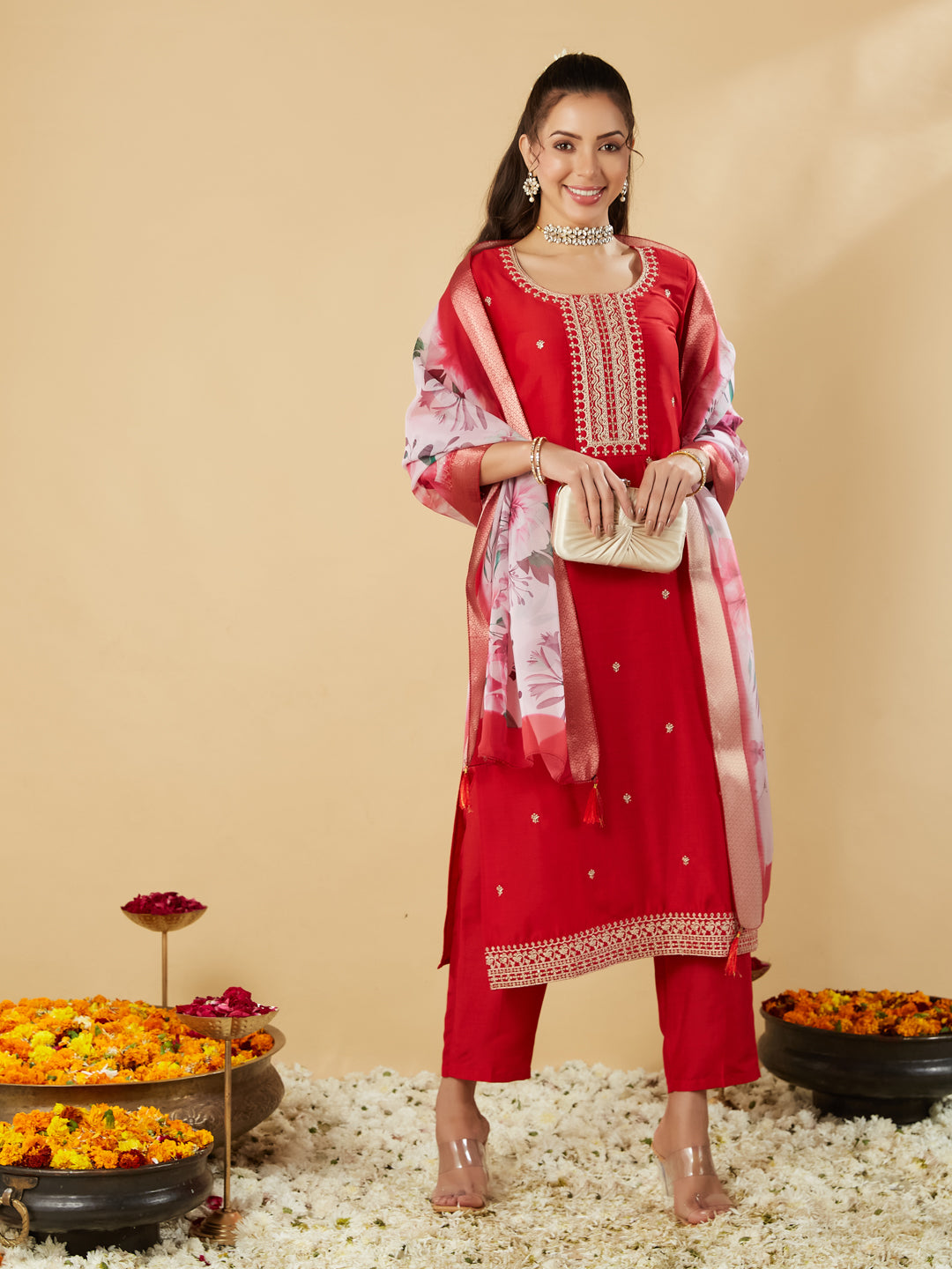 Red Embroidered Chinon Straight Suit With Printed Dupatta