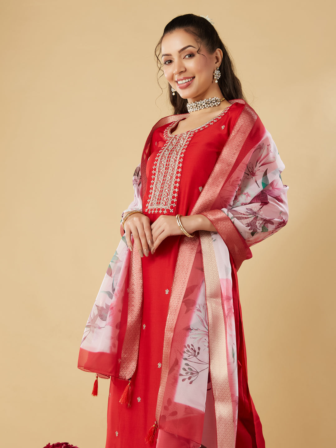 Red Embroidered Chinon Straight Suit With Printed Dupatta