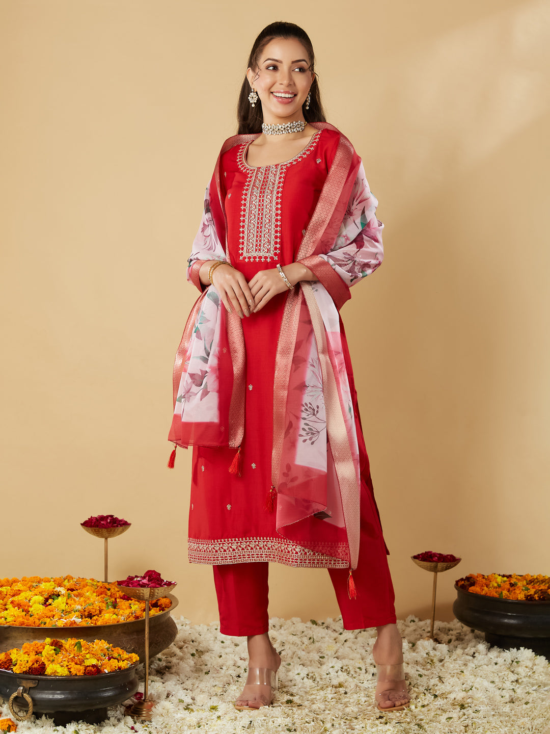 Red Embroidered Chinon Straight Suit With Printed Dupatta