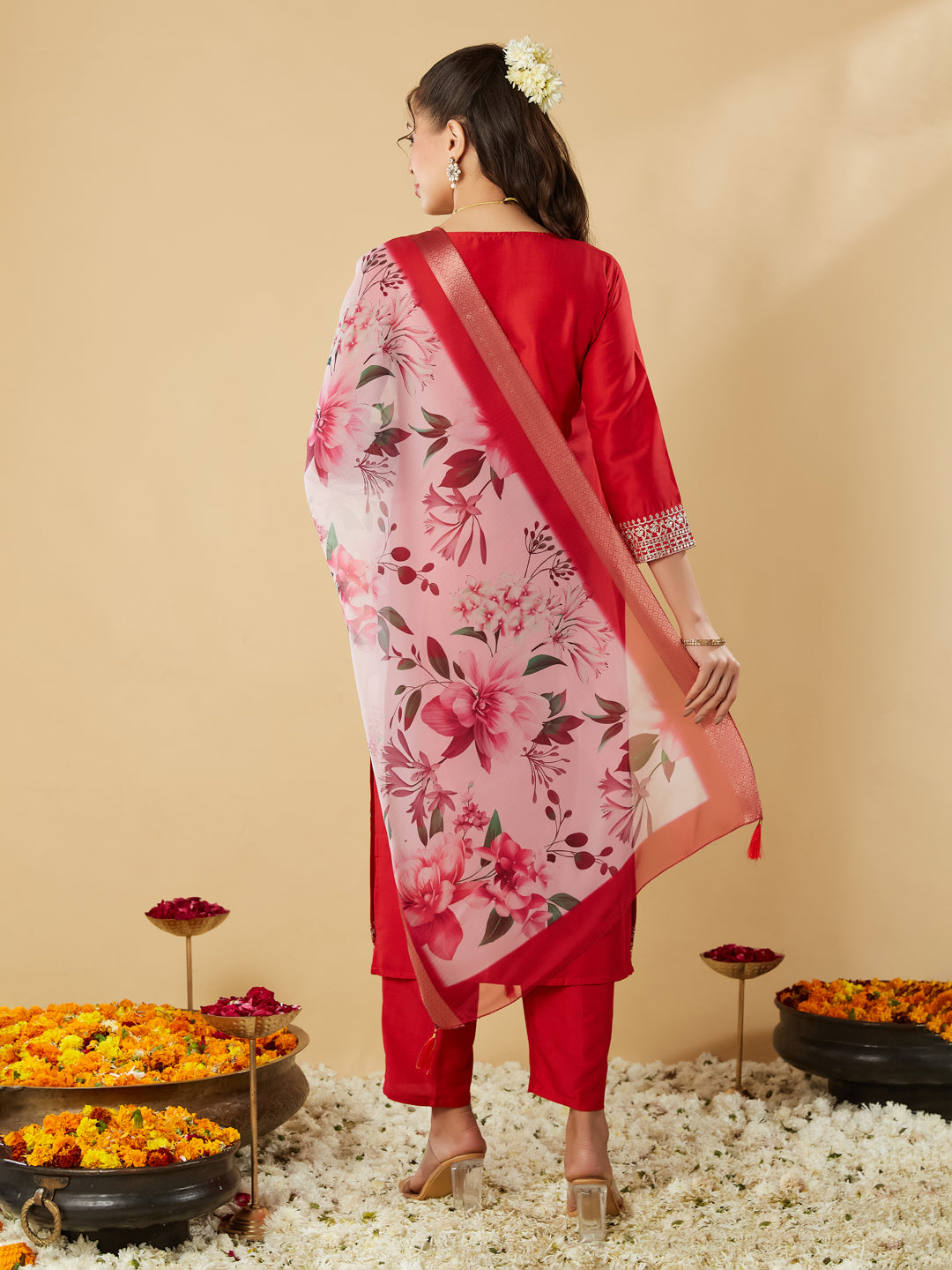 Red Embroidered Chinon Straight Suit With Printed Dupatta