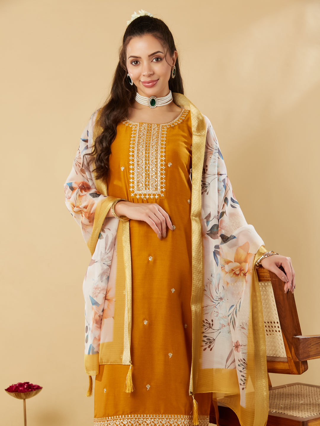 Mustard Embroidered Chinon Straight Suit With Printed Dupatta