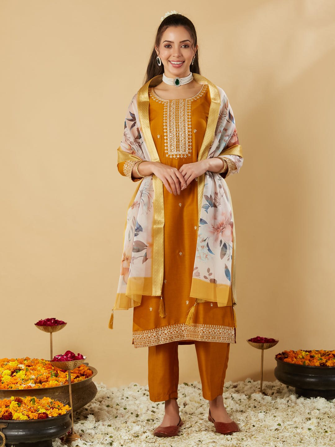 Mustard Embroidered Chinon Straight Suit With Printed Dupatta