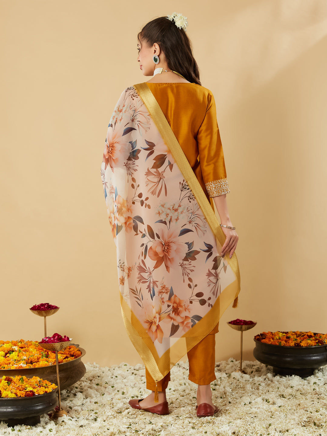 Mustard Embroidered Chinon Straight Suit With Printed Dupatta