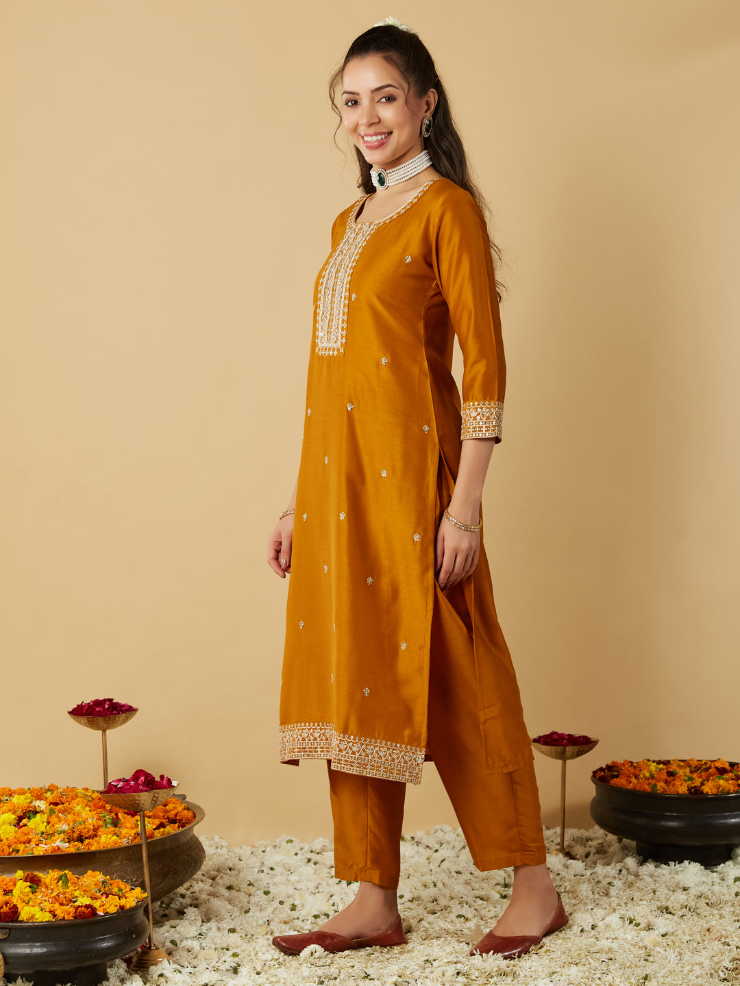 Mustard Embroidered Chinon Straight Suit With Printed Dupatta