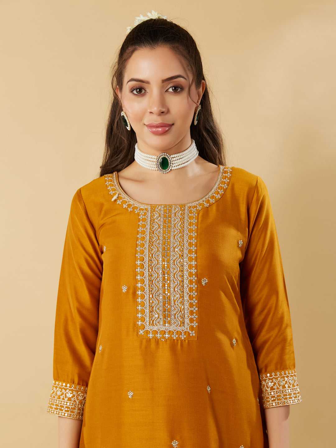 Mustard Embroidered Chinon Straight Suit With Printed Dupatta